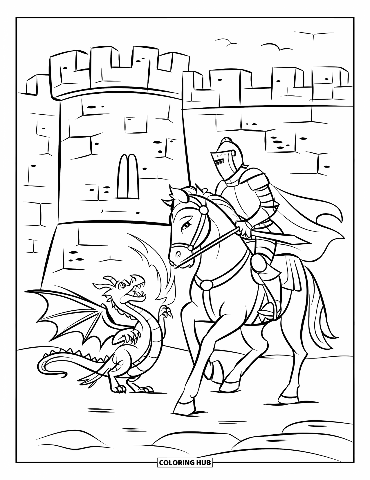 Knight Coloring Page for Kids: A knight on horseback confronts a fire-breathing dragon beside the stone walls of a castle