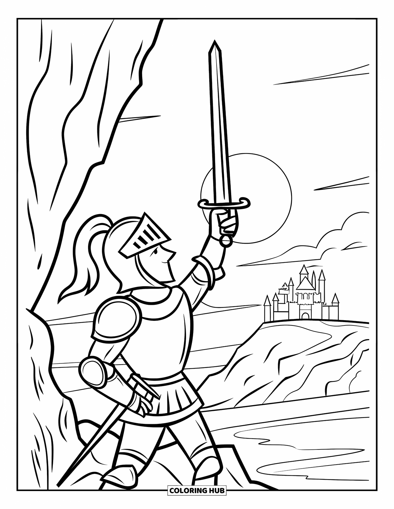 Knight Coloring Page for Kids: A knight raises his sword near a rocky cliff as the sun rises behind a castle