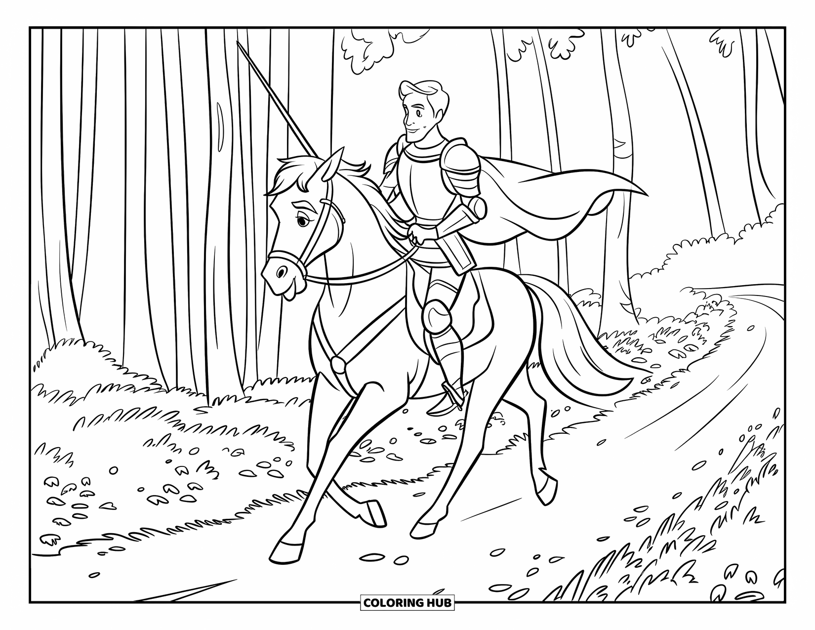 Knight Coloring Page for Kids: A knight rides a horse with a lance through a leafy forest trail