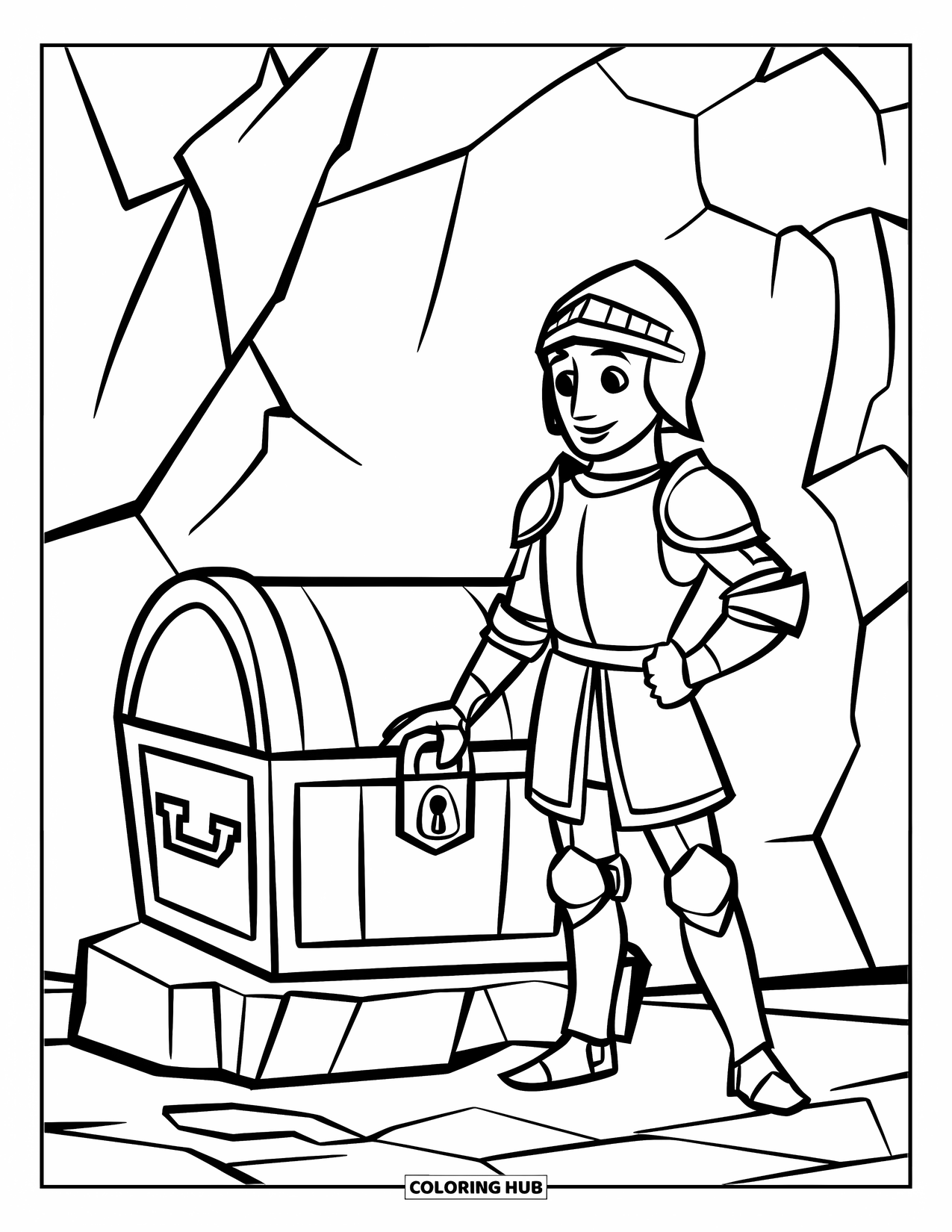 Knight Coloring Page for Kids: A knight stands beside a locked treasure chest resting on stone in rocky terrain