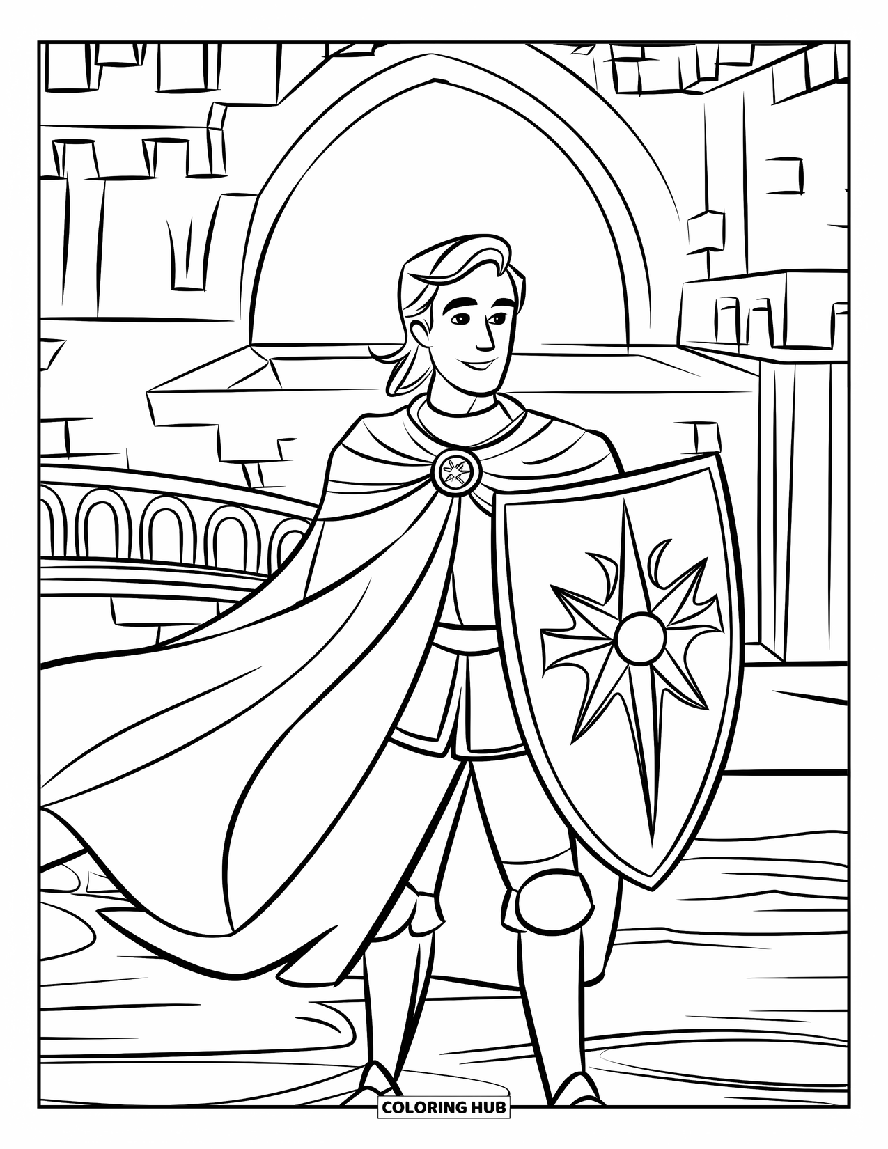 Knight Coloring Page for Kids: A knight stands in a castle beside a bridge over calm waters