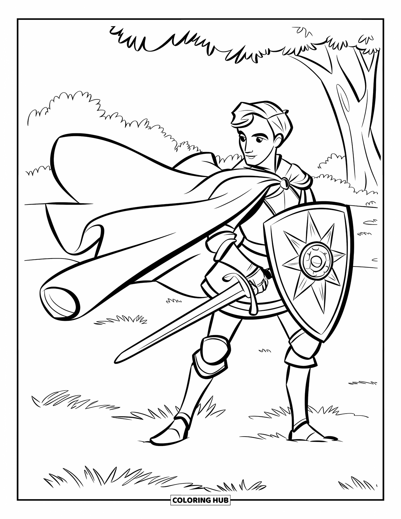 Knight Coloring Page for Kids: A knight stands on a grassy field with a sword, cape, and shield near distant trees