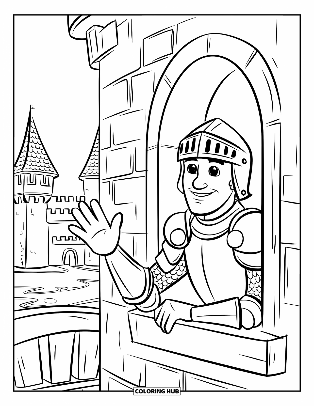 Knight Coloring Page for Kids: A knight waves from a castle window above a moat and bridge