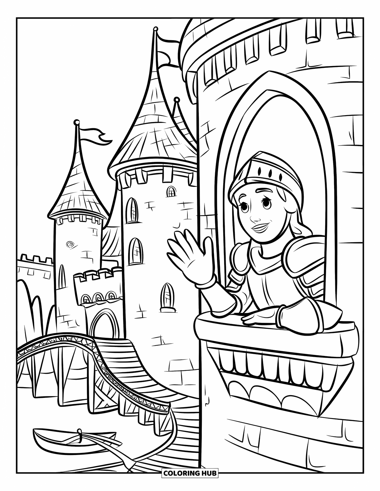 Knight Coloring Page for Kids: A knight waves from a castle window above a moat, with bridges and a boat nearby