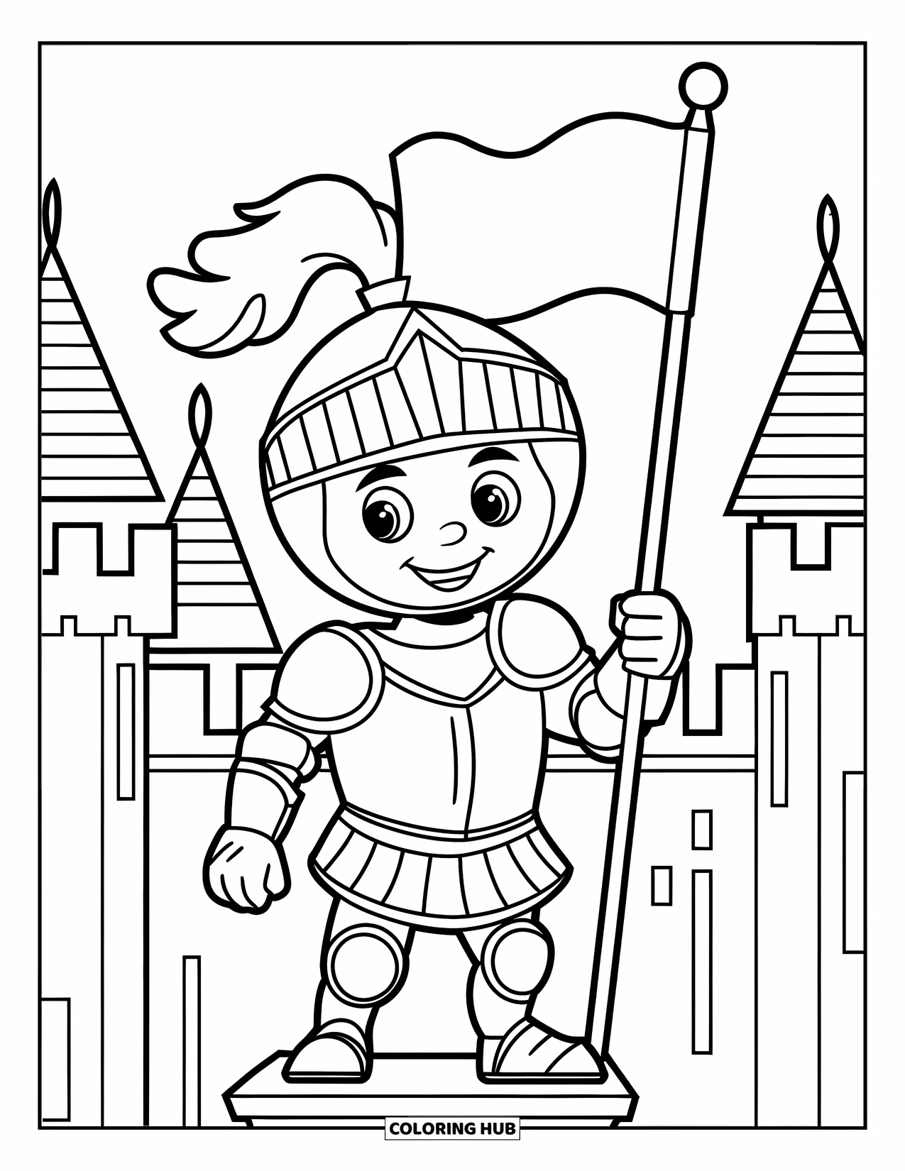 Knight Coloring Page for Kids: A knight with a crown-like helmet holds a flag while standing on a pedestal