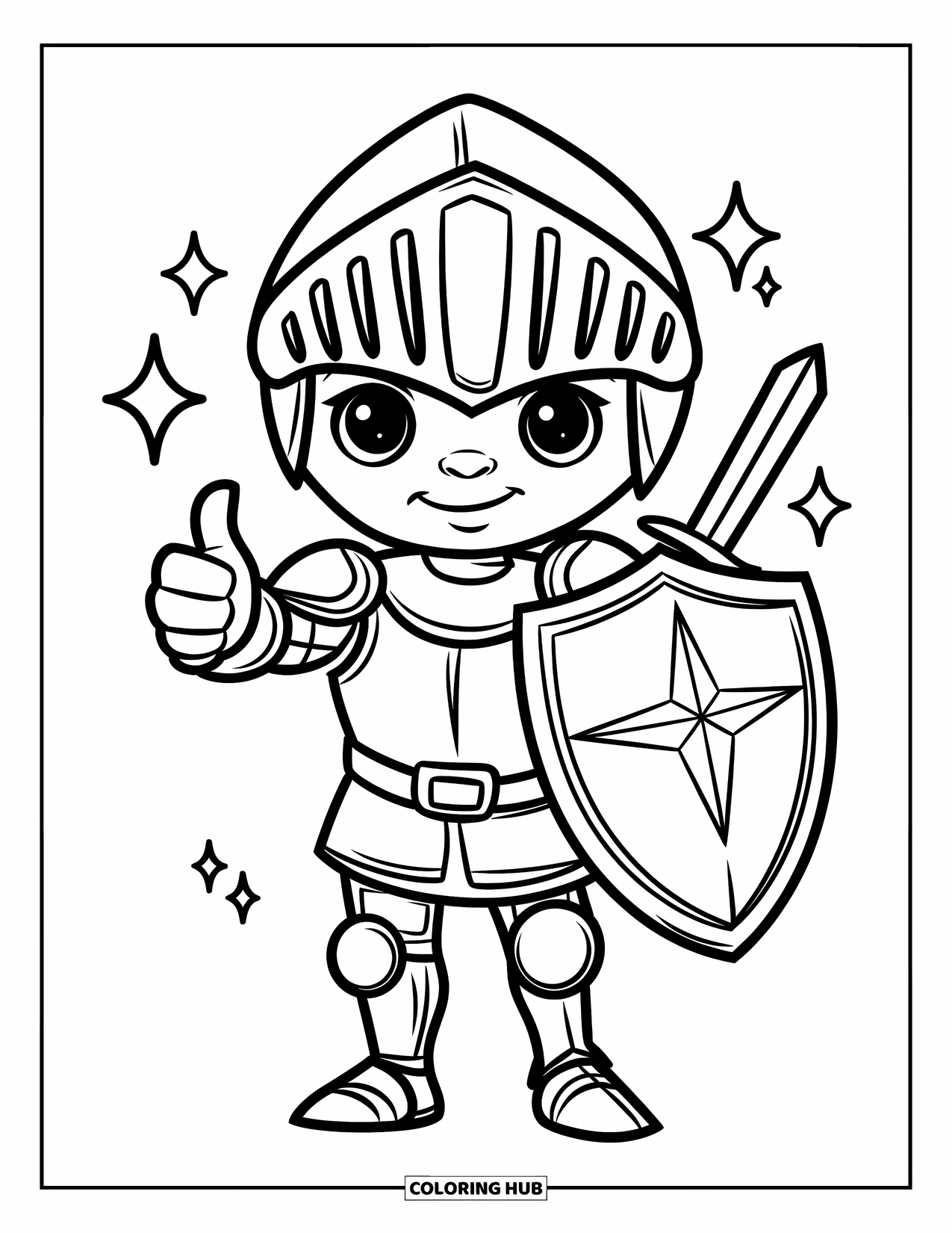 Knight Coloring Page for Kids: A knight with a shield and sword gives a confident thumbs-up