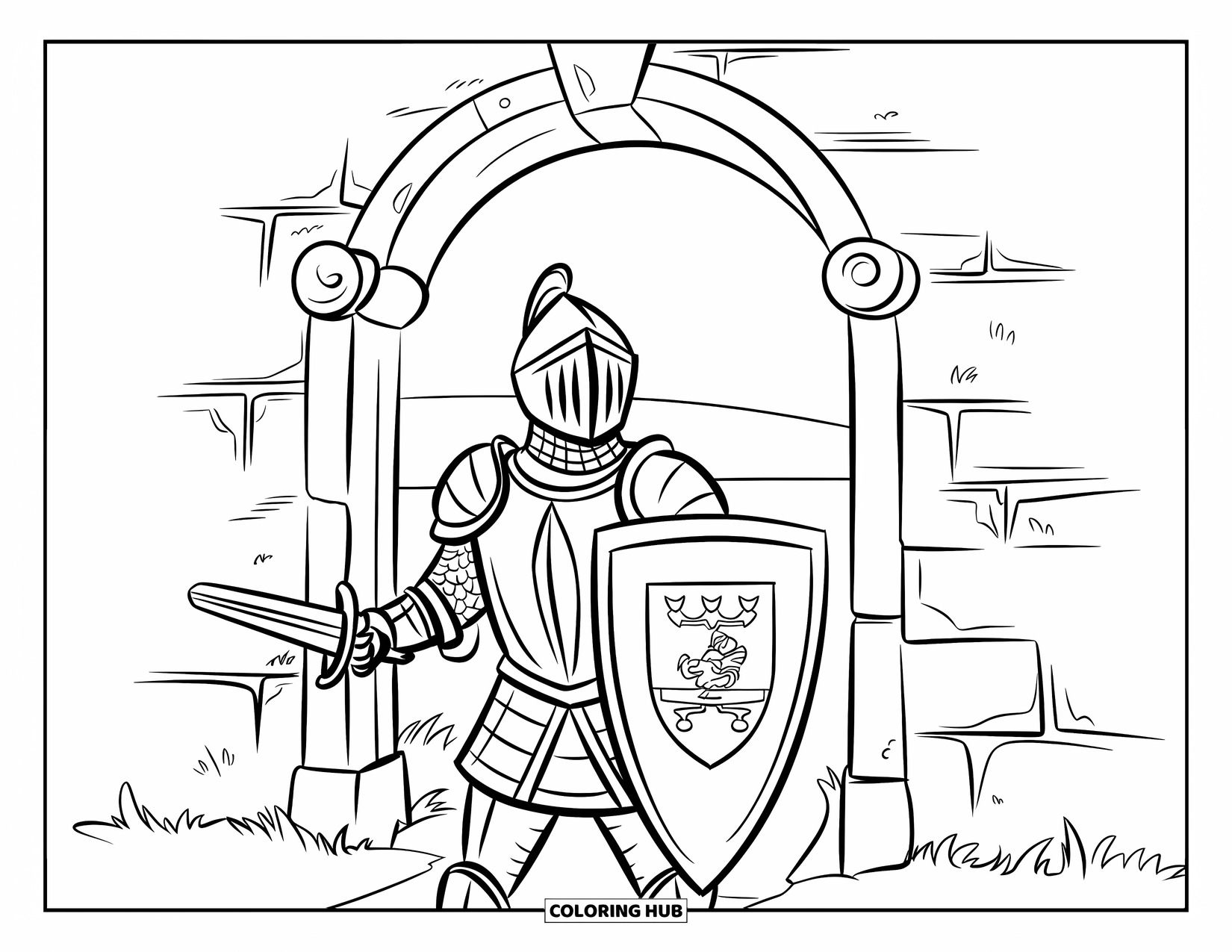 Knight Coloring Page for Kids: A knight with a shield guards an old stone archway beside a grassy field and castle
