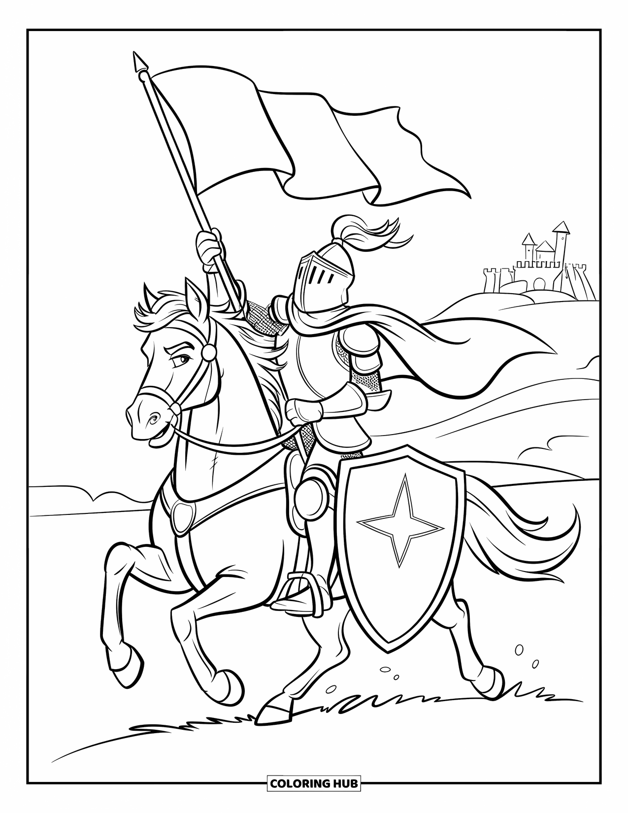 Knight Coloring Page for Kids: A knight with a shield rides through wind on horseback near a castle on a hill