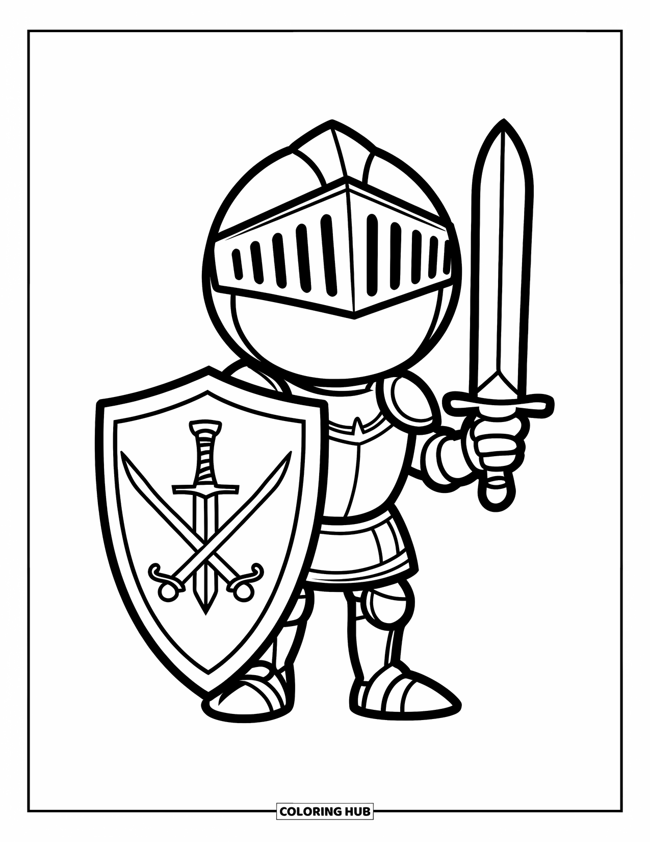Knight Coloring Page for Kids: A knight with a sword and crossed-shield design stands confidently