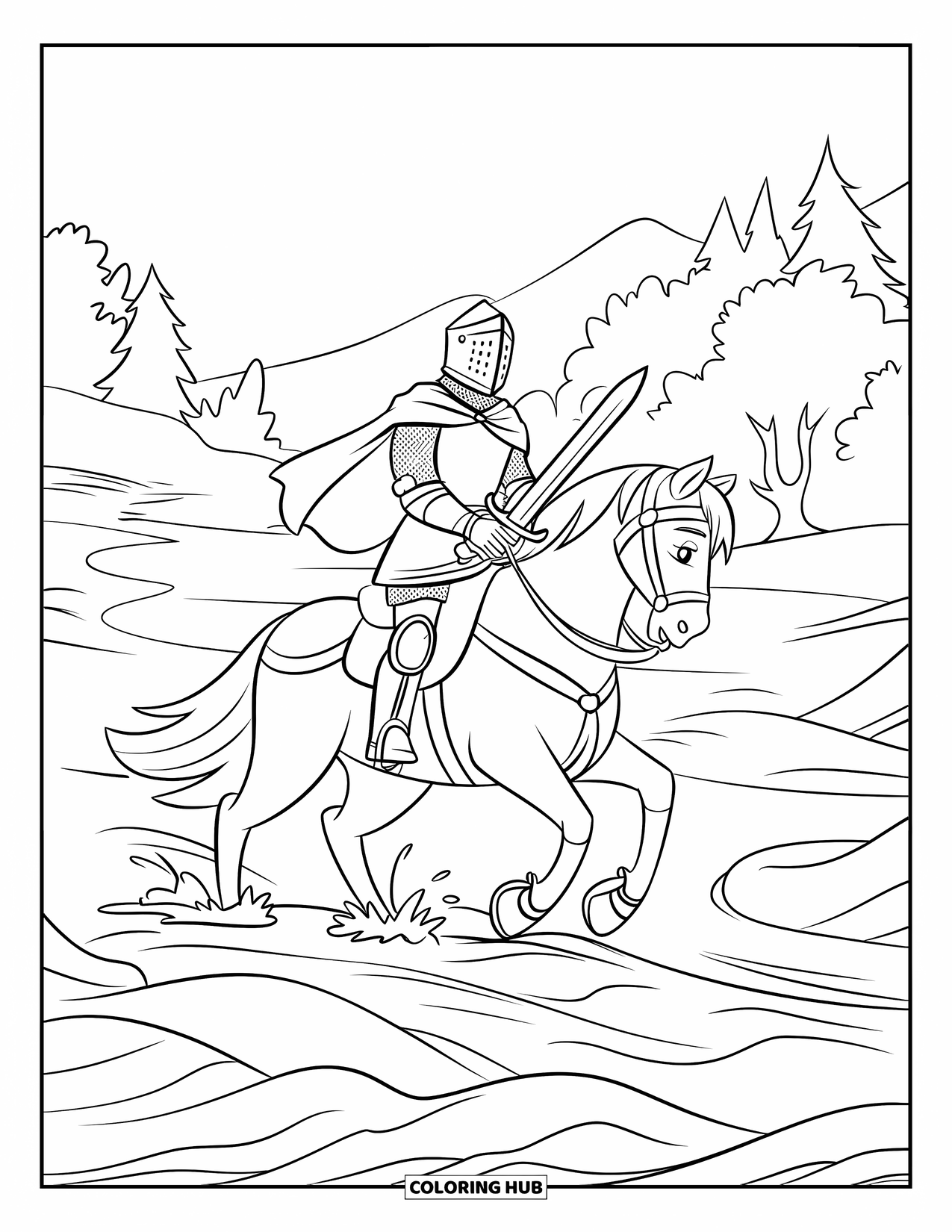Knight Coloring Page for Kids: A knight with a sword rides through river waves near trees and distant mountains