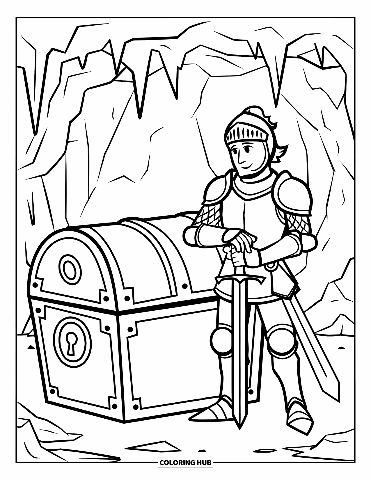 Knight Coloring Page for Kids: A knight with a sword stands by a chest with a skull symbol inside a cave