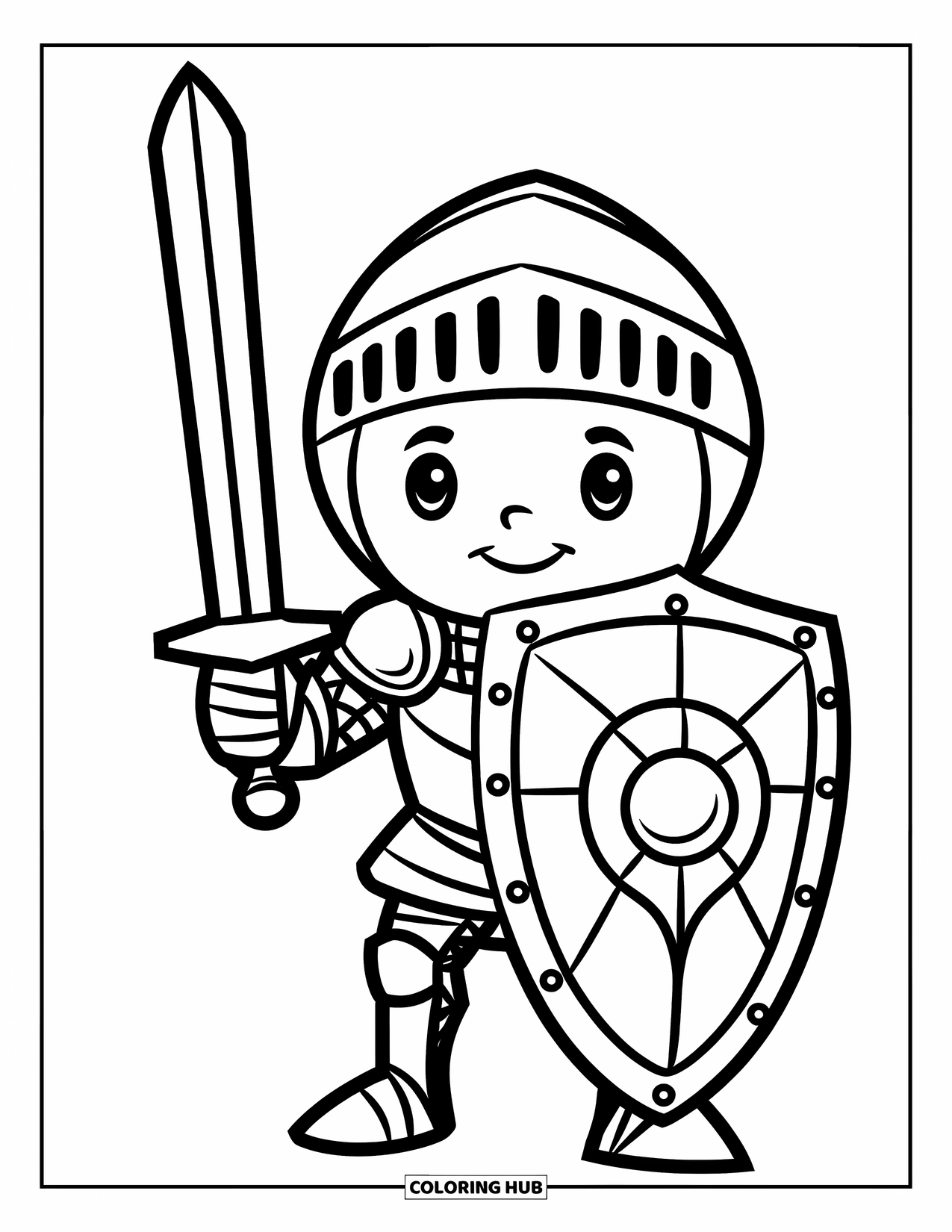 Knight Coloring Page for Kids: A round-faced knight holds a bold shield and tiny sword with a proud stance