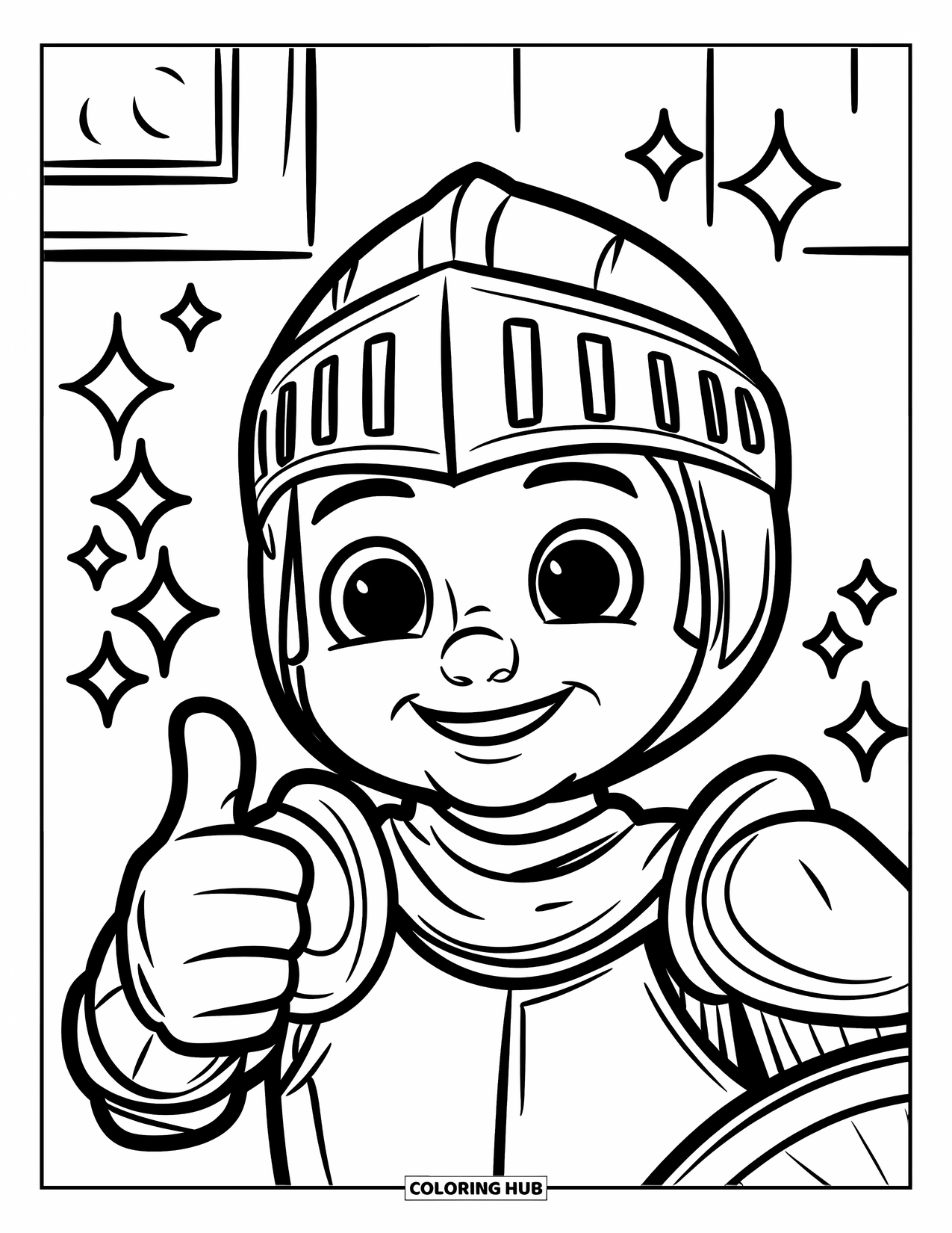 Knight Coloring Page for Kids: A smiling knight with a mustache gives a thumbs-up with sparkles nearby