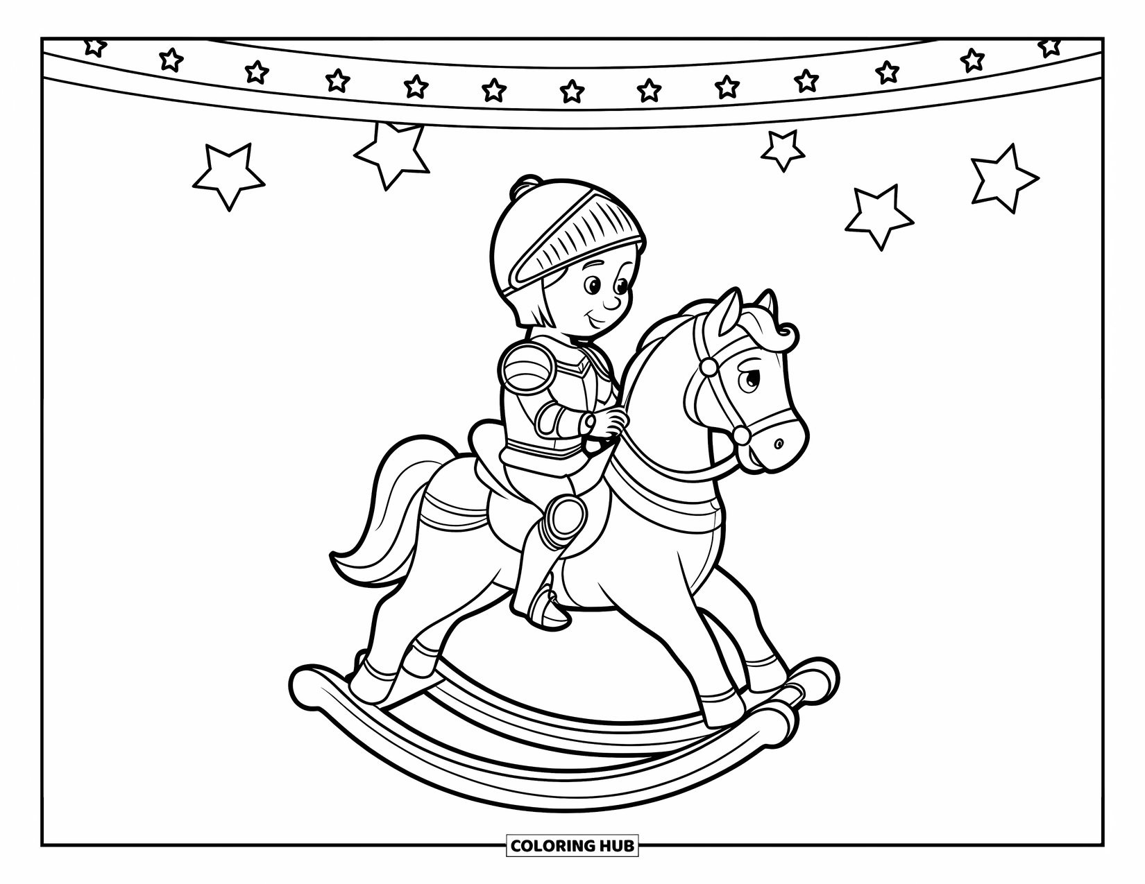 Knight Coloring Page for Kids: A tiny knight on a rocking horse beneath a ceiling with stars