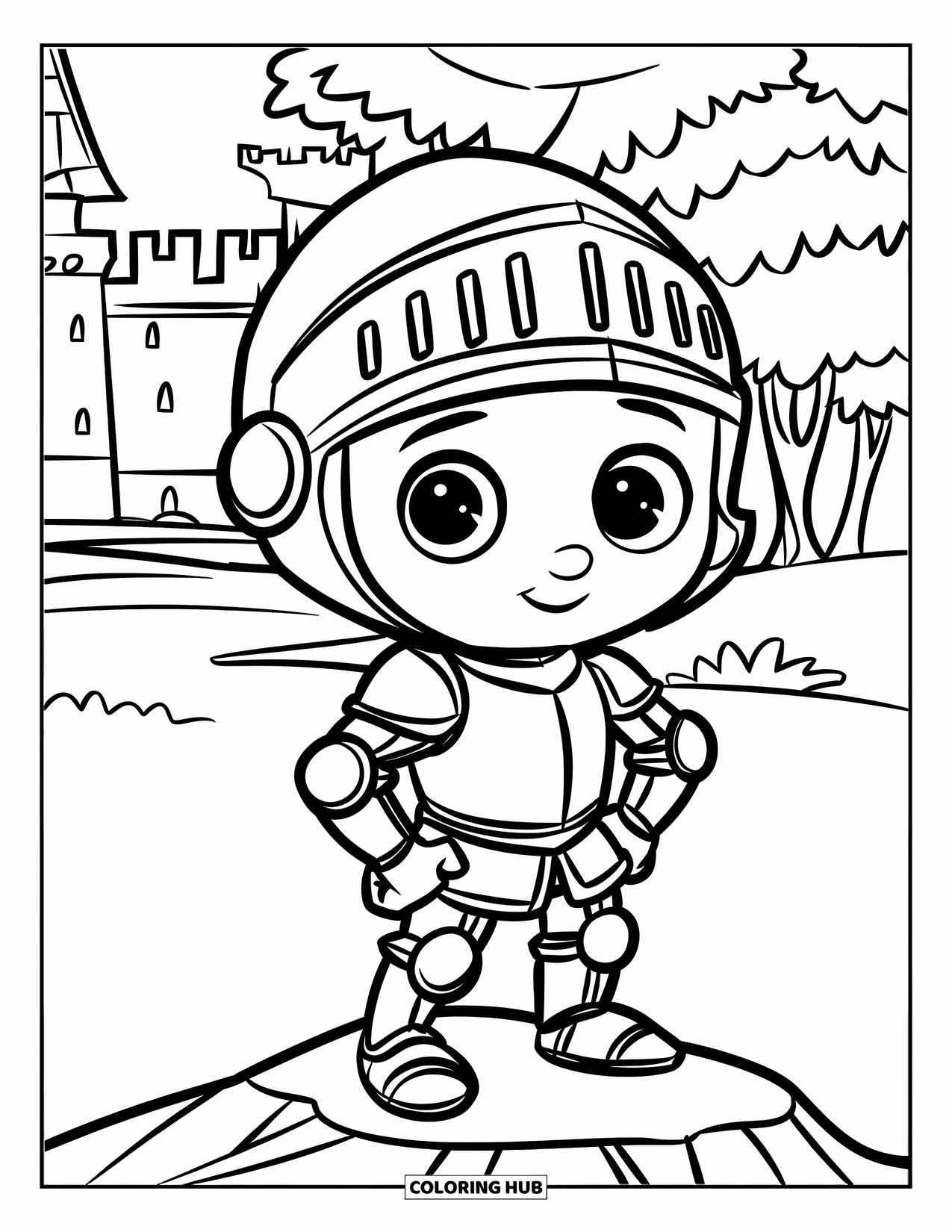 Knight Coloring Page for Kids: A tiny knight stands on a rock with trees and a castle behind him