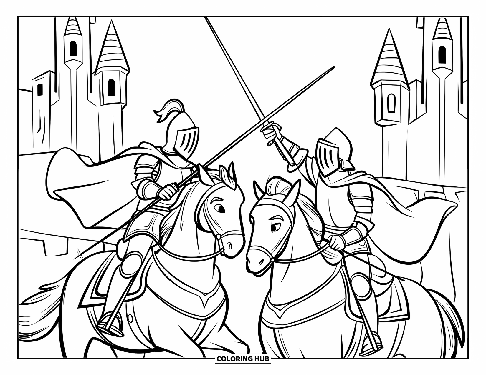 Knight Coloring Page for Kids: Two knights clash with lances on horseback in front of a tall-towered castle