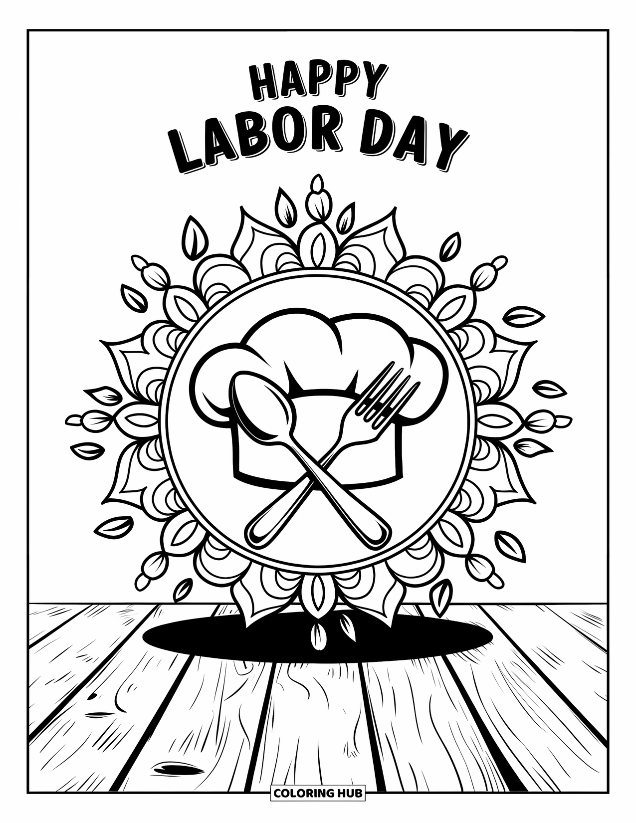 Labor Day Coloring Page for Adults: A chef's hat and utensils with floral mandalas and leaves