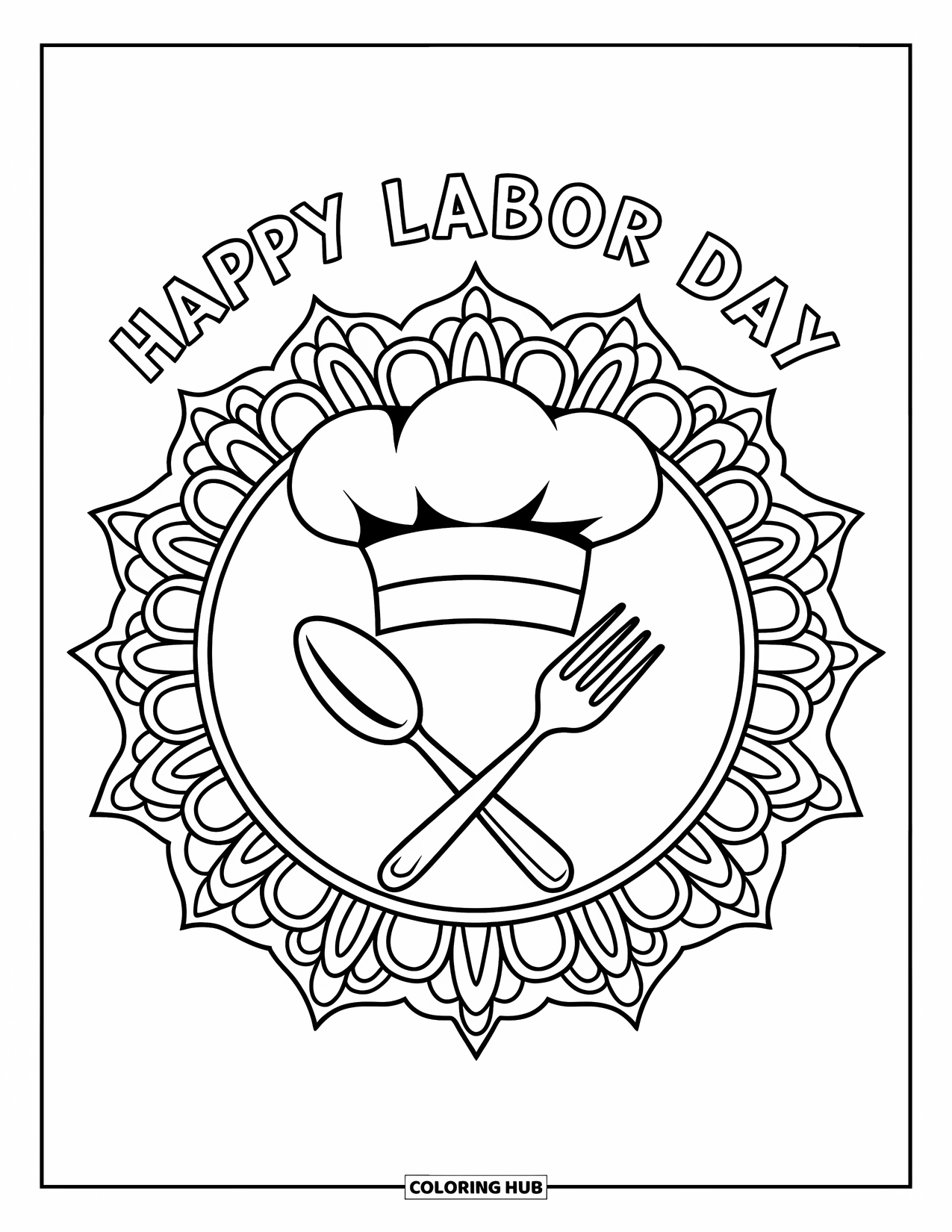 Labor Day Coloring Page for Adults: A chef's hat with spoon and fork inside a floral mandala