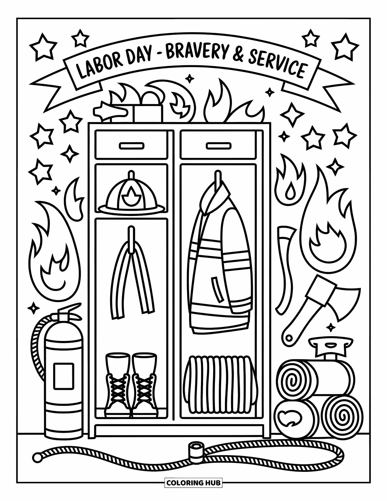 Labor Day Coloring Page for Adults: A fire station locker with helmet, boots, jacket, and "Bravery & Service" banner