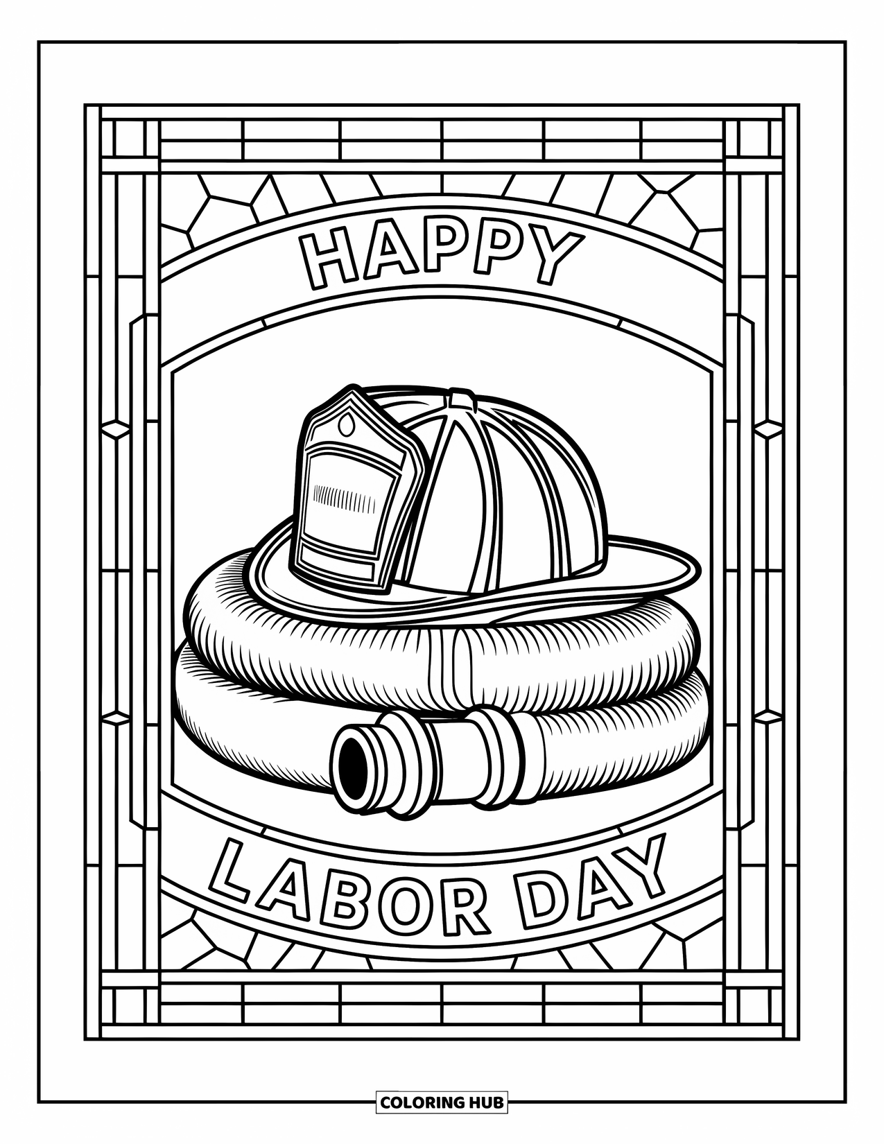 Labor Day Coloring Page for Adults: A firefighter helmet and hose with stained-glass borders and text