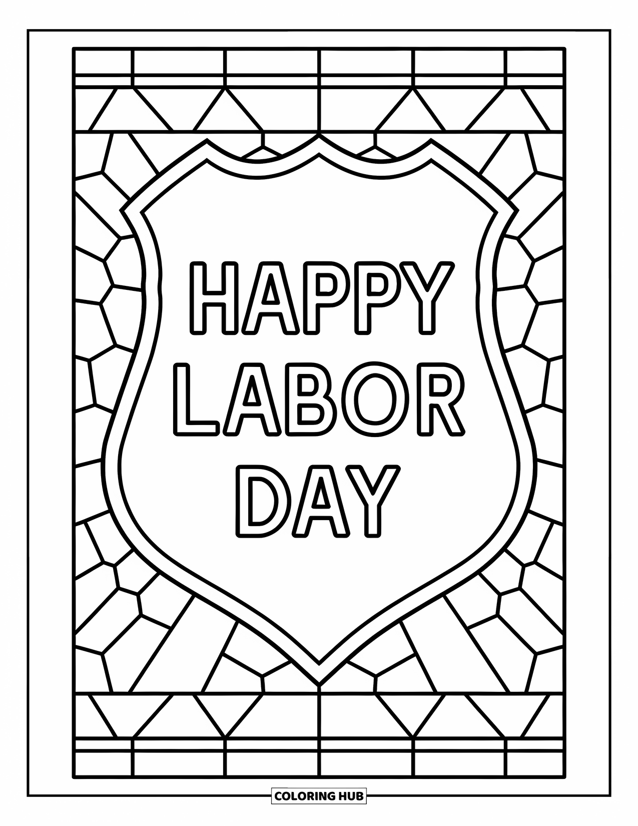 Labor Day Coloring Page for Adults: A police badge inside a stained-glass frame with bold lettering