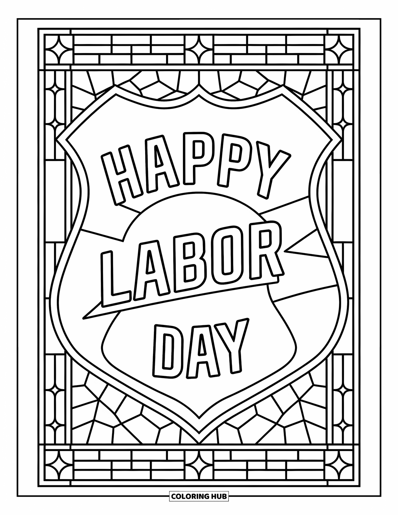 Labor Day Coloring Page for Adults: A police badge with "Happy Labor Day" surrounded by stained-glass shapes