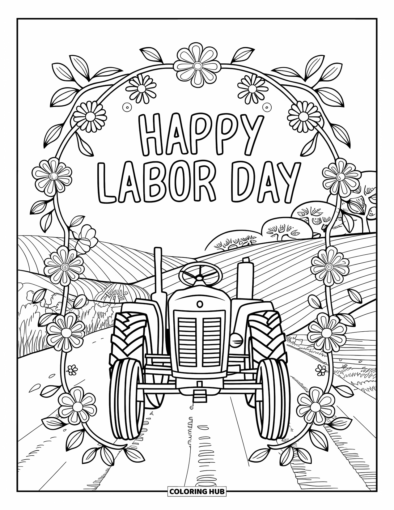 Labor Day Coloring Page for Adults: A rustic tractor on a dirt road framed with mandala vines