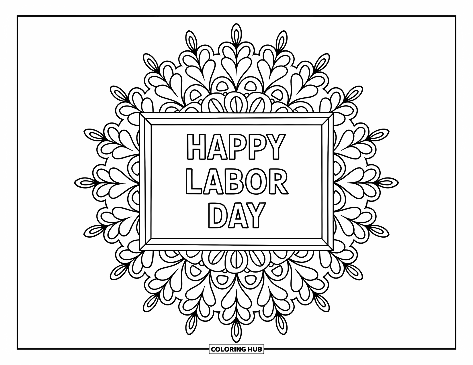 Labor Day Coloring Page for Adults: A teacher's chalkboard framed with a botanical mandala pattern