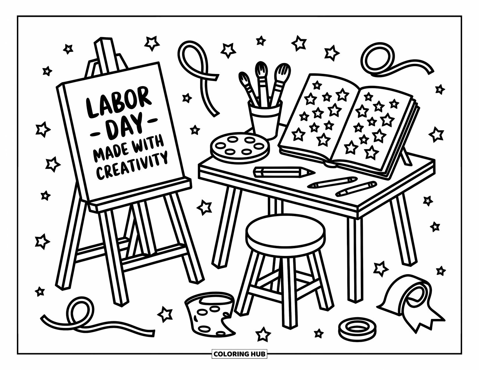 Labor Day Coloring Page for Adults: An easel with art supplies, doodles, and a "Made with Creativity" canvas