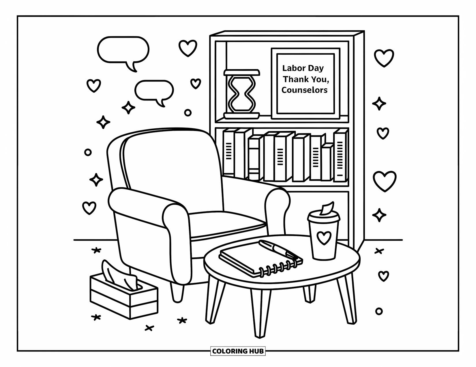 Labor Day Coloring Page for Adults: An office corner with a chair, table, bookshelf, and warm decorations