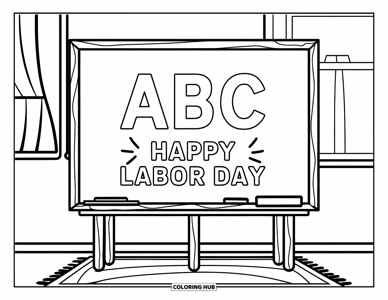 Labor Day Coloring Page for Kids: A chalkboard framed with wood showing "ABC" and "Happy Labor Day"