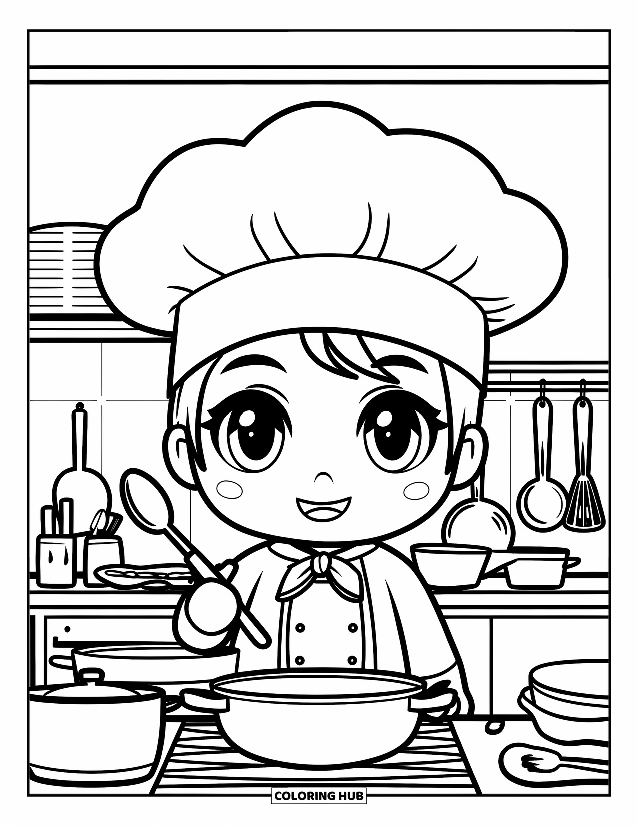 Labor Day Coloring Page for Kids: A cheerful chef with a puffy hat standing in a kitchen