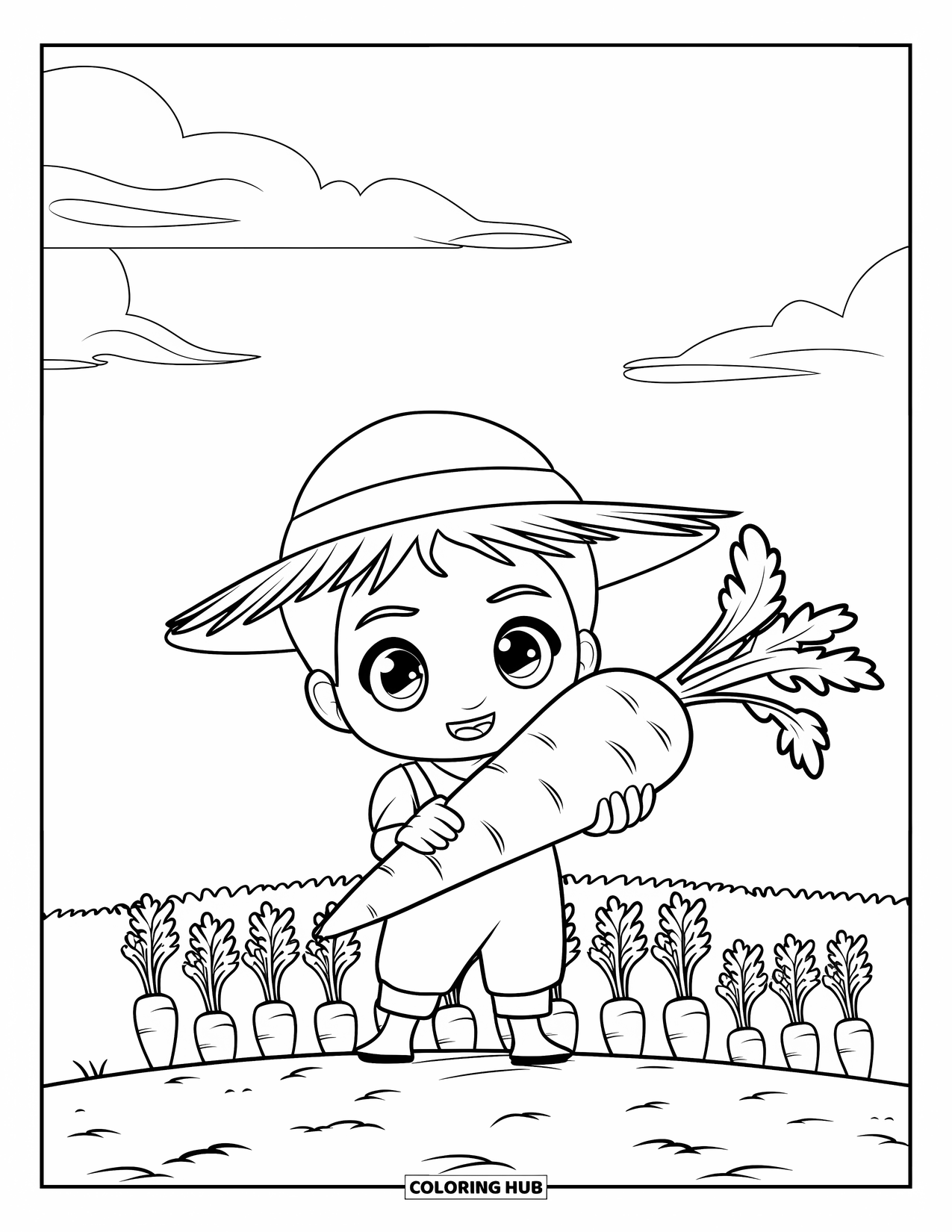 Labor Day Coloring Page for Kids: A cheerful farmer holding a giant carrot under a clear sky
