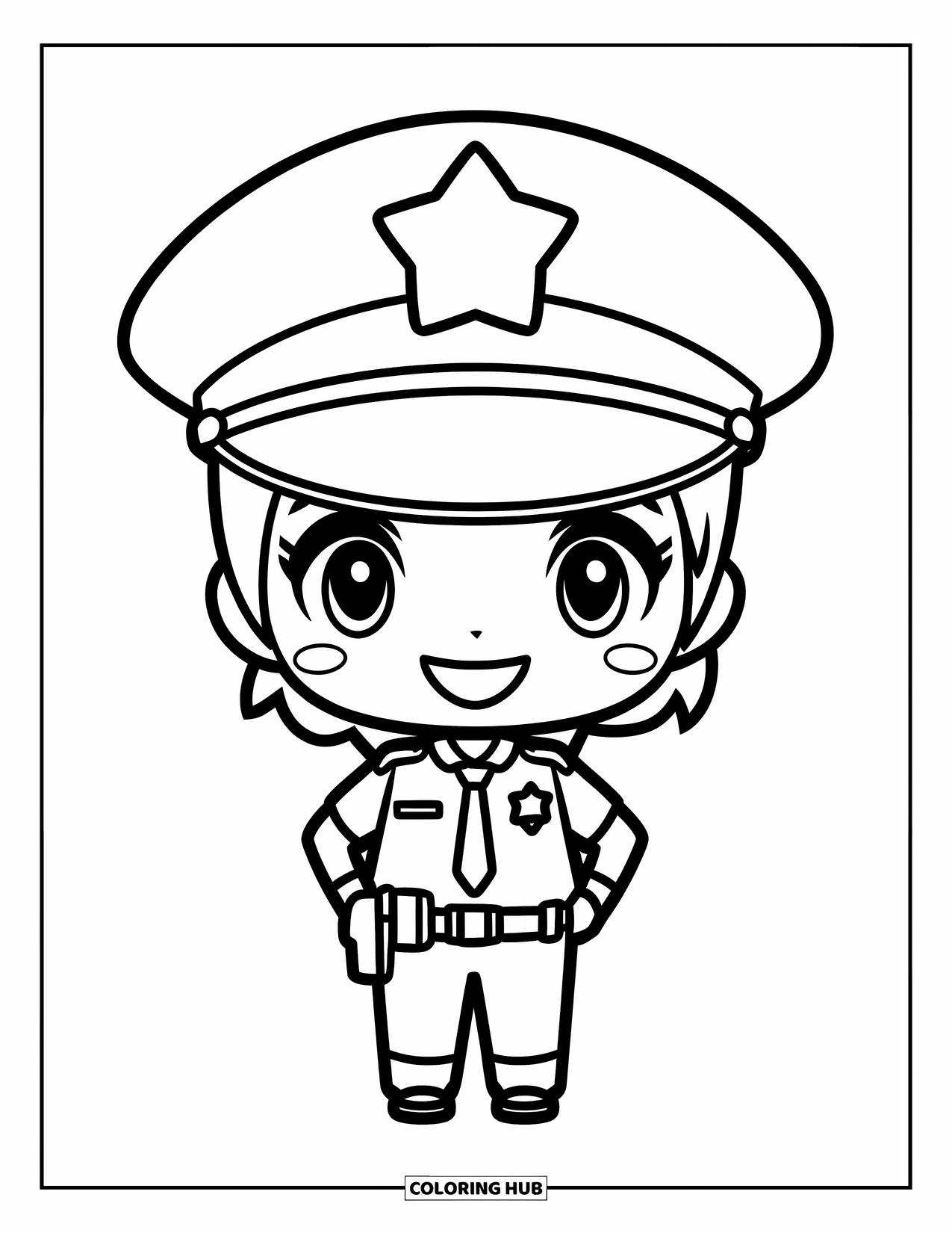 Labor Day Coloring Page for Kids: A cheerful police officer with a cap and star badge smiling