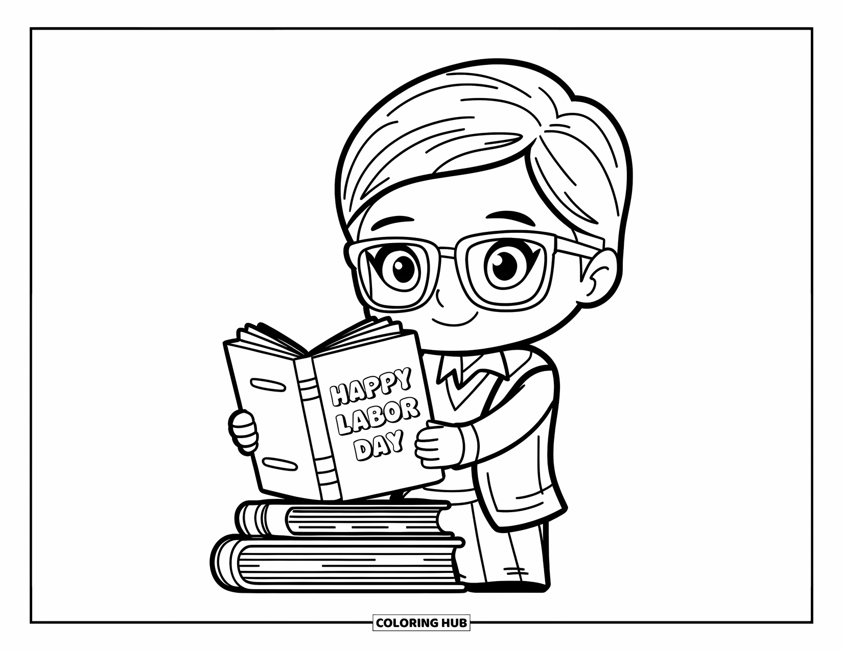 Labor Day Coloring Page for Kids: A chibi librarian holding books with "Happy Labor Day" on the cover