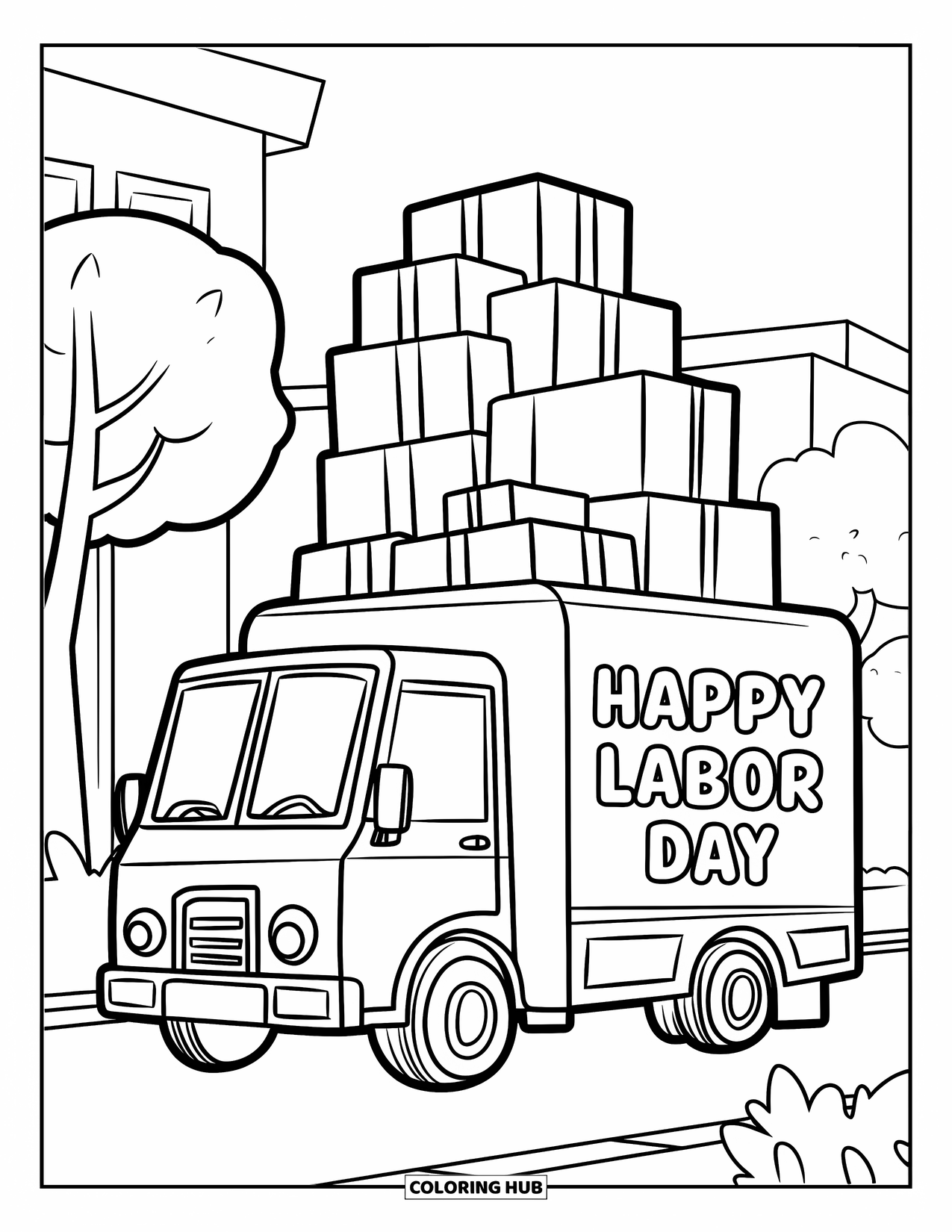 Labor Day Coloring Page for Kids: A delivery truck parked on road with "Happy Labor Day"