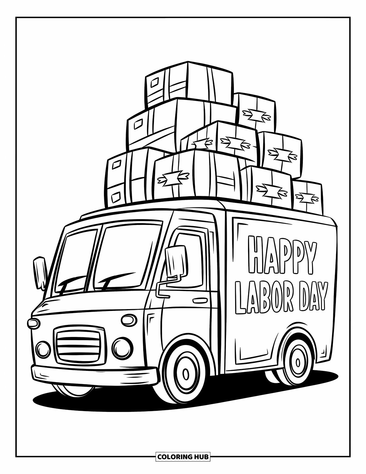 Labor Day Coloring Page for Kids: A delivery truck stacked with packages and "Happy Labor Day"
