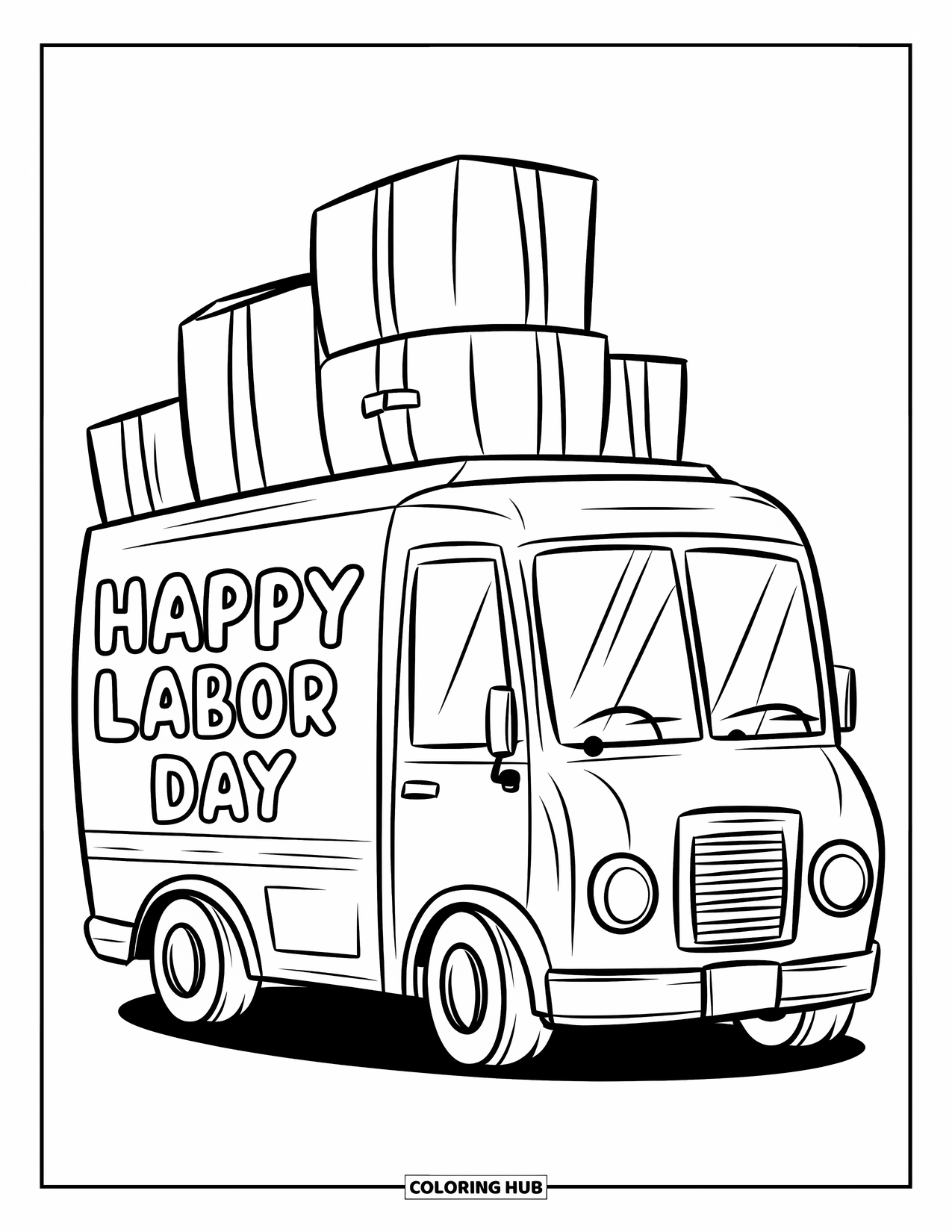 Labor Day Coloring Page for Kids: A delivery truck with tall packages and "Happy Labor Day" text