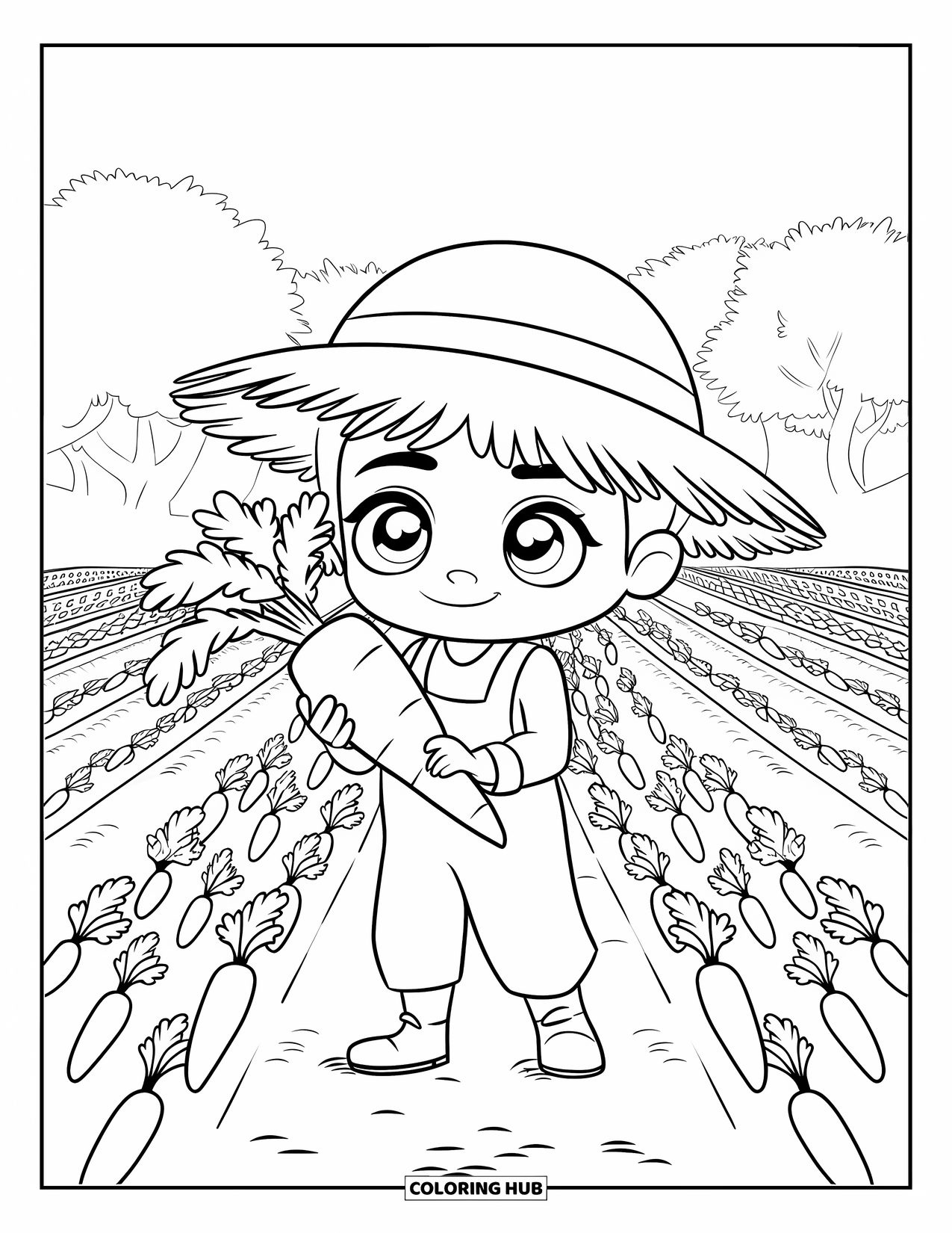 Labor Day Coloring Page for Kids: A farmer with a straw hat holding a big carrot in a field