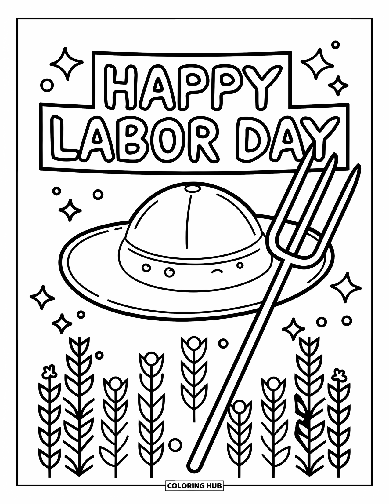 Labor Day Coloring Page for Kids: A farmer's hat with pitchfork and banner saying "Happy Labor Day"