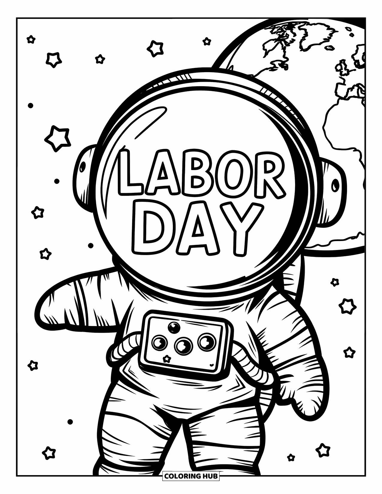 Labor Day Coloring Page for Kids: A floating astronaut with Earth reflection and "Labor Day" visor