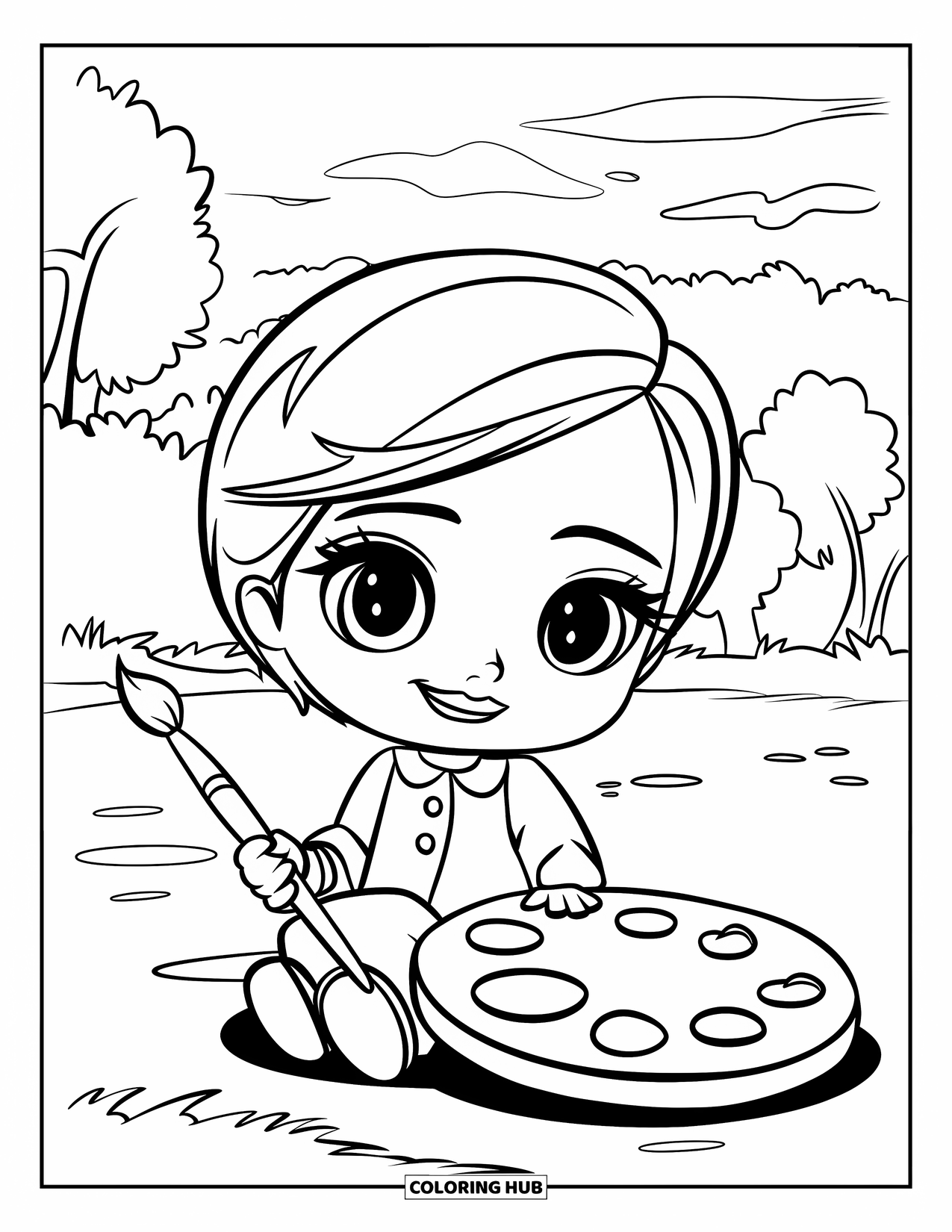 Labor Day Coloring Page for Kids: A happy artist sitting with a palette and brush near trees and sky