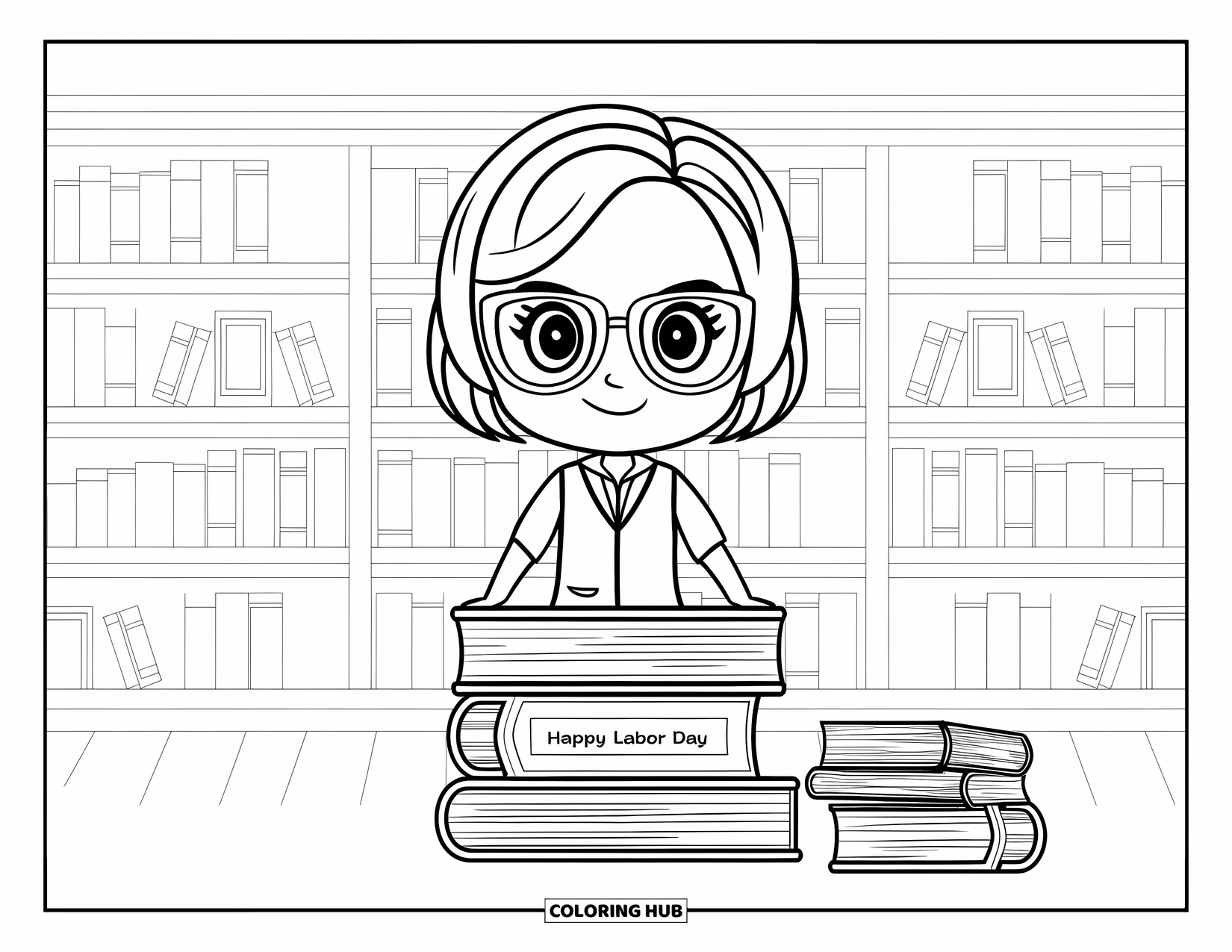 Labor Day Coloring Page for Kids: A librarian behind a book stack with "Happy Labor Day" on top