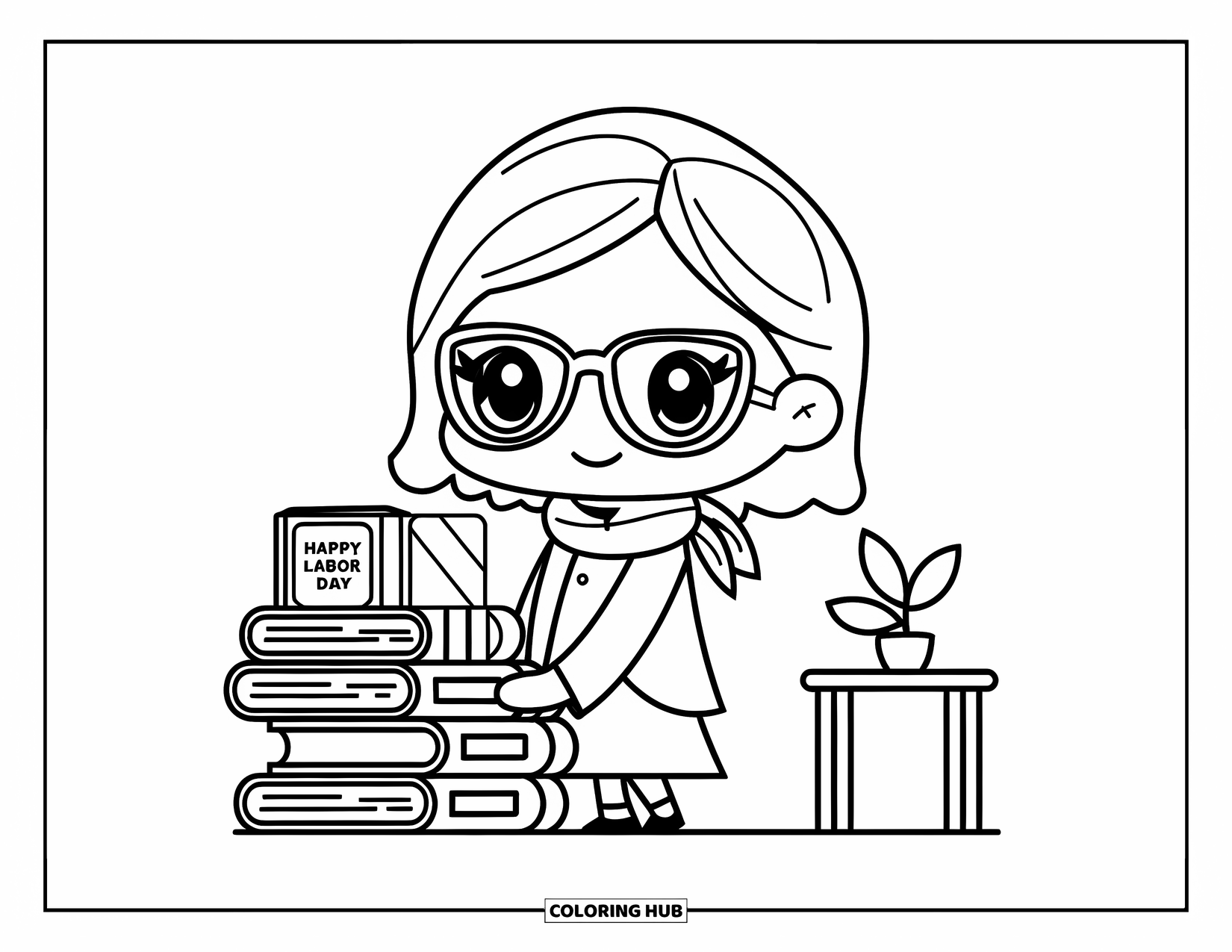 Labor Day Coloring Page for Kids: A librarian with glasses and scarf holding books labeled "Happy Labor Day"