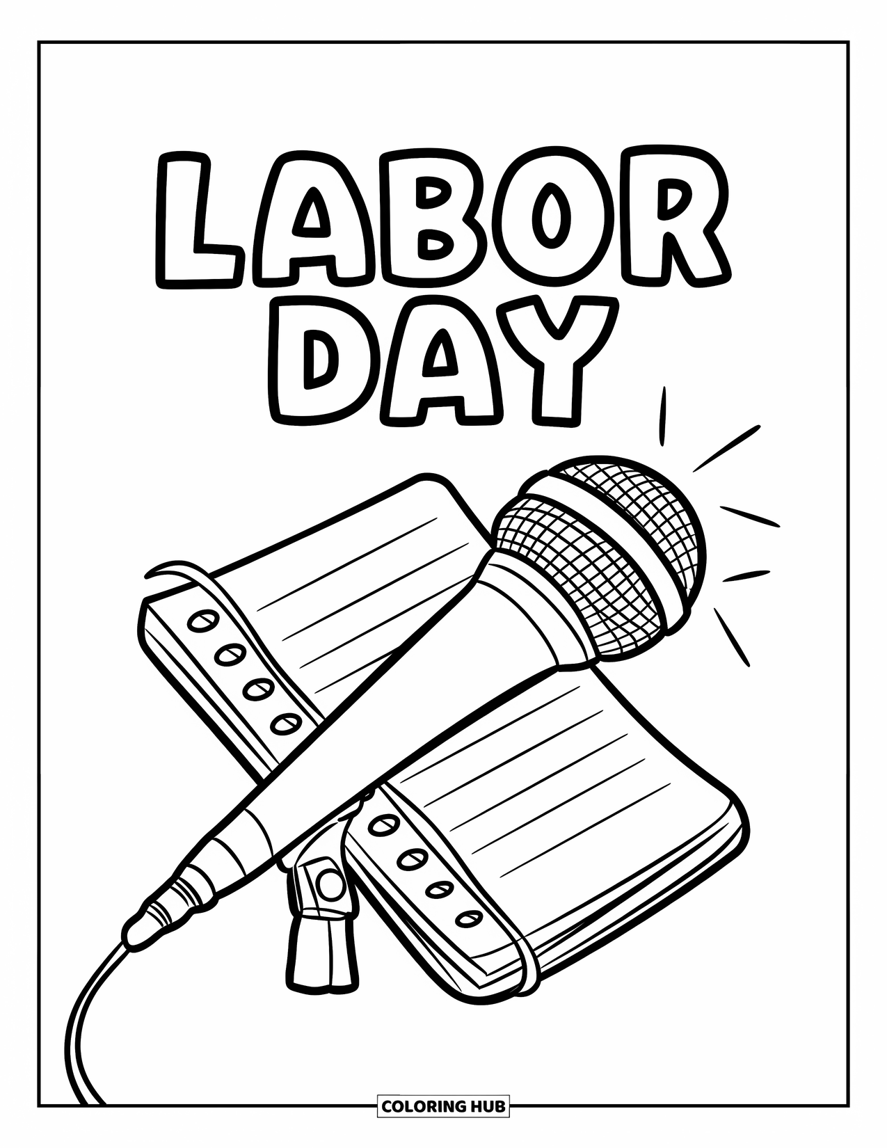 Labor Day Coloring Page for Kids: A microphone and notepad crossed with "Labor Day" written above