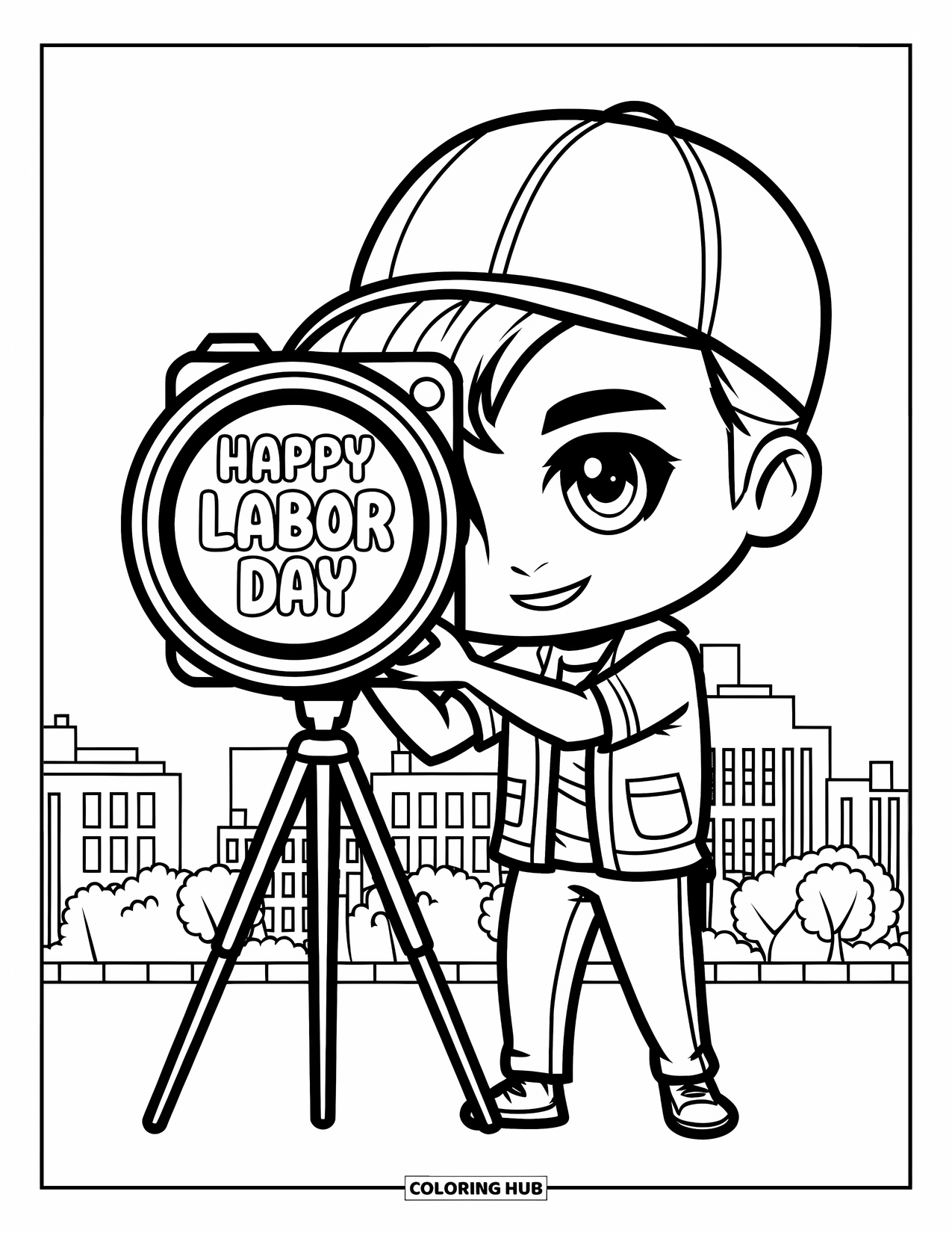 Labor Day Coloring Page for Kids: A photographer with tripod camera labeled "Happy Labor Day"