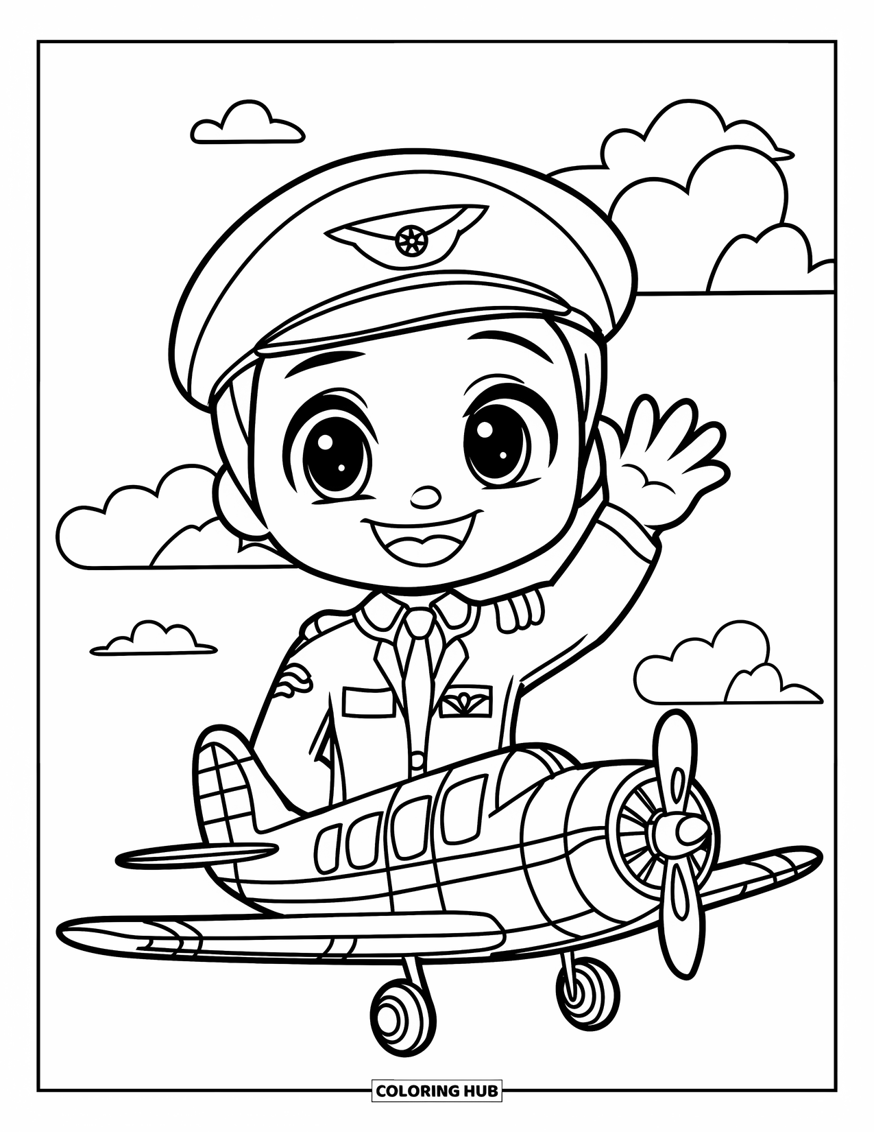 Labor Day Coloring Page for Kids: A pilot waving beside a tiny airplane with clouds in the sky