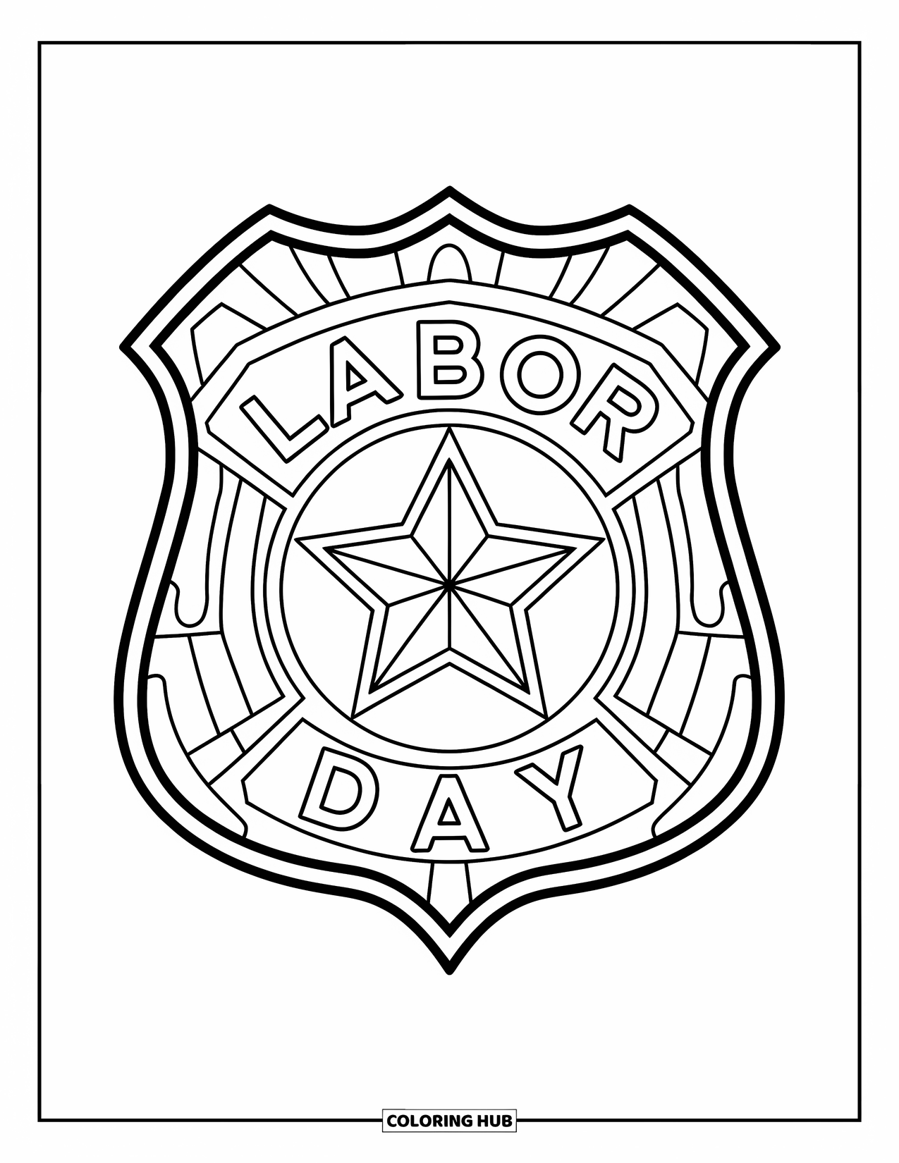 Labor Day Coloring Page for Kids: A police badge with star and bold "Labor Day" across it