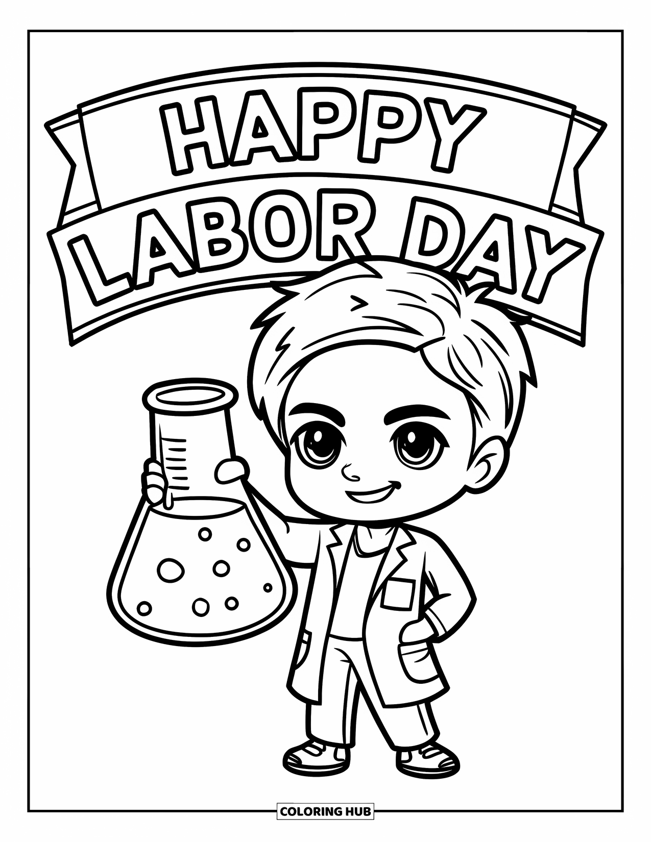 Labor Day Coloring Page for Kids: A scientist holding beaker under a "Happy Labor Day" banner