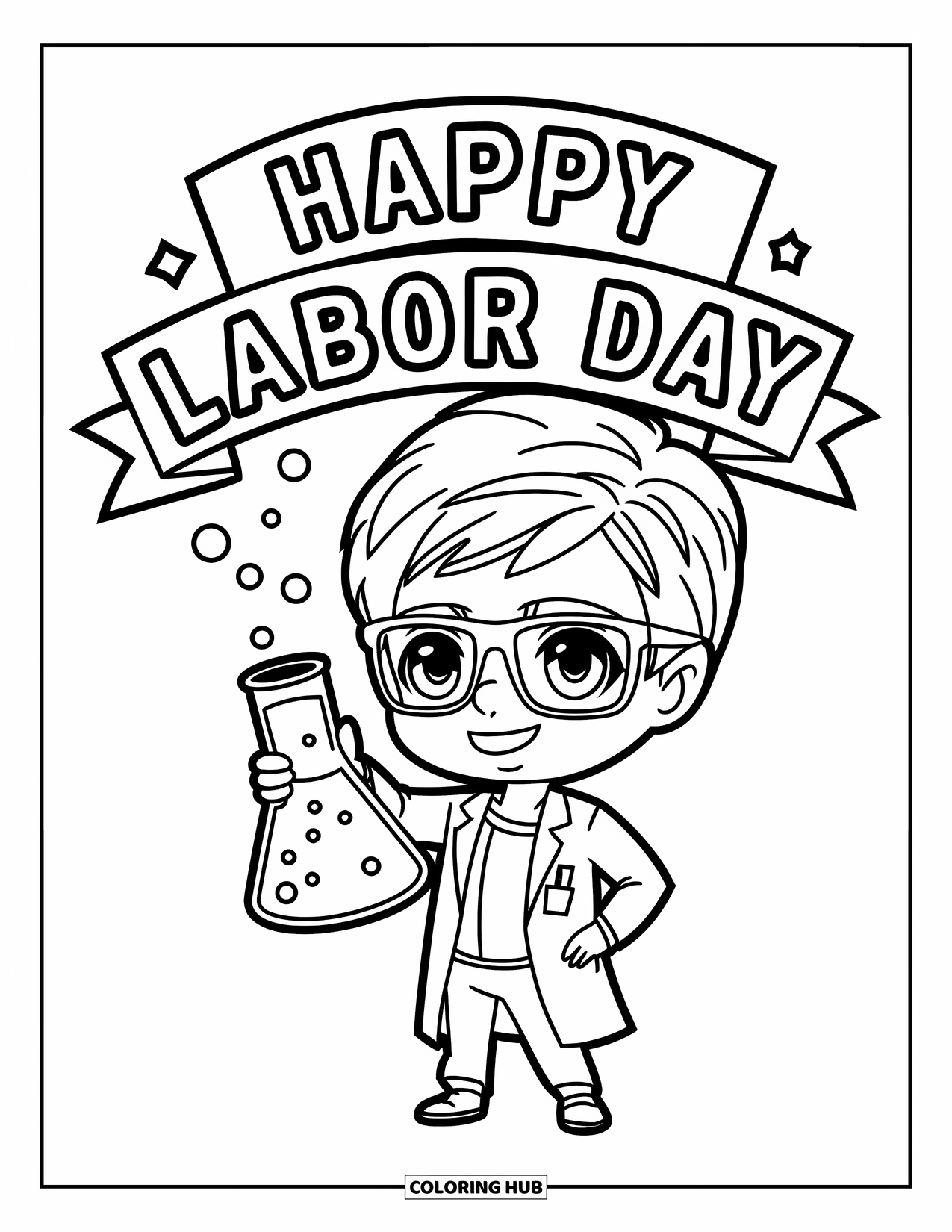 Labor Day Coloring Page for Kids: A scientist with glasses holding beaker under "Happy Labor Day"